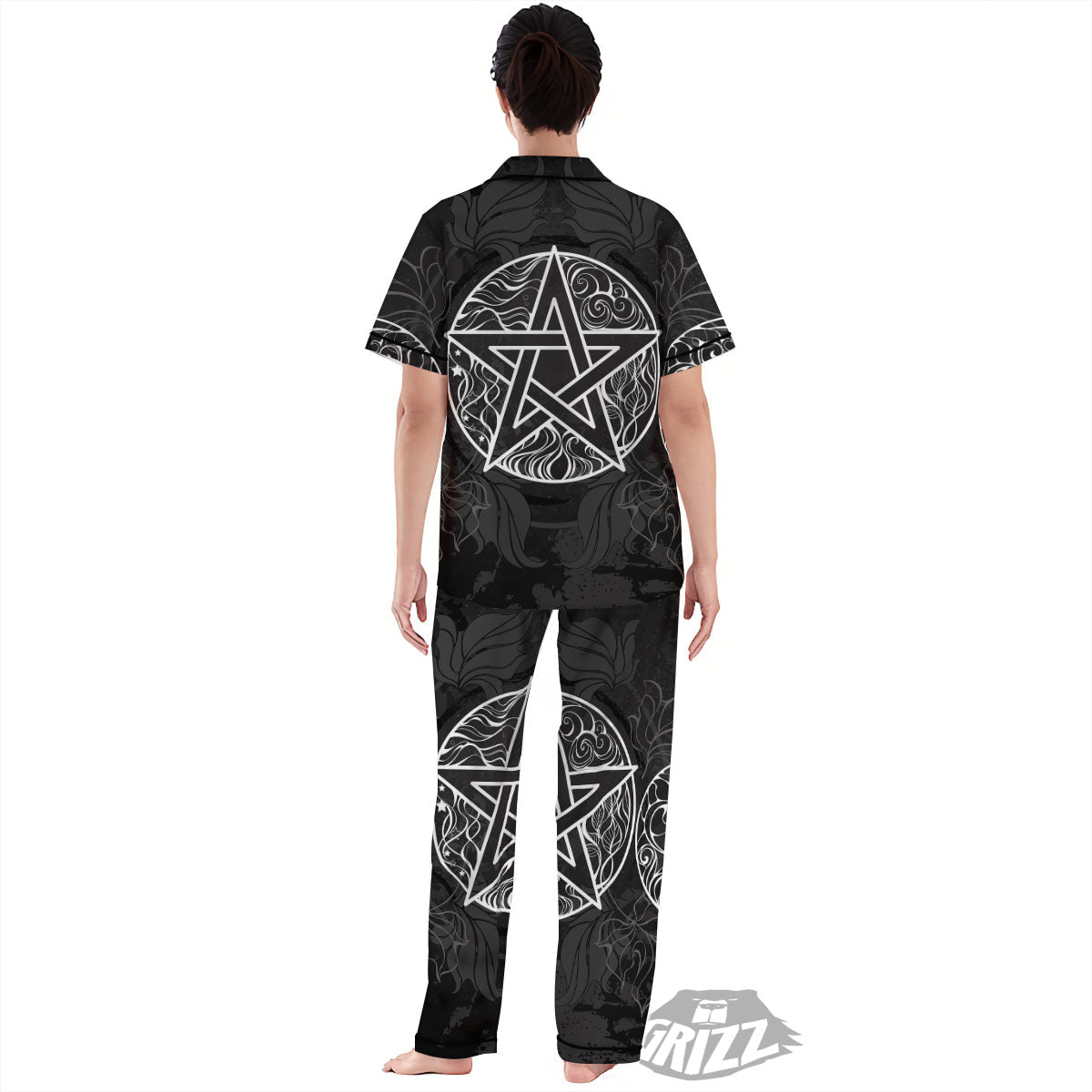 Wicca Pentagram White And Black Print Women's Pajamas Set-grizzshop