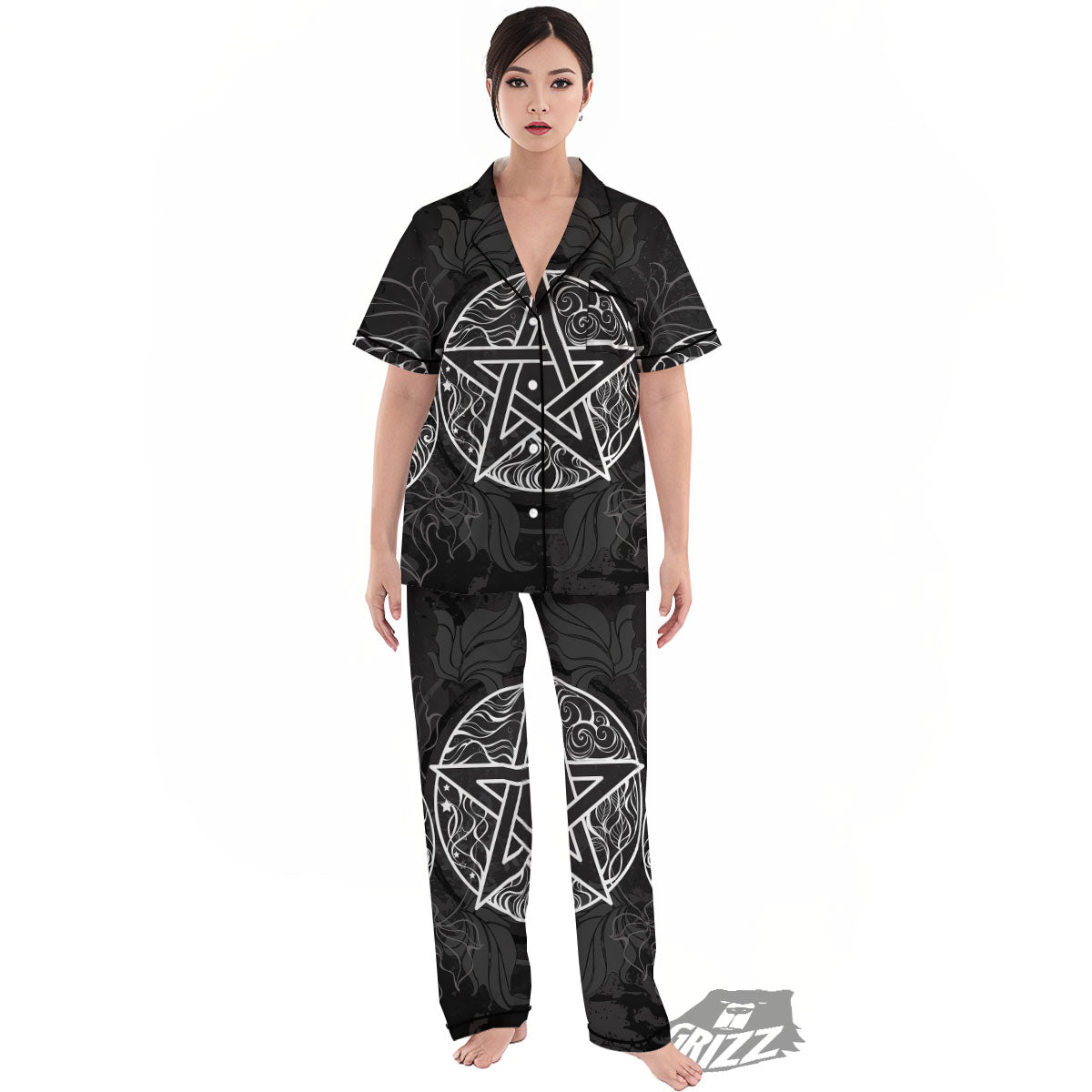 Wicca Pentagram White And Black Print Women's Pajamas Set-grizzshop