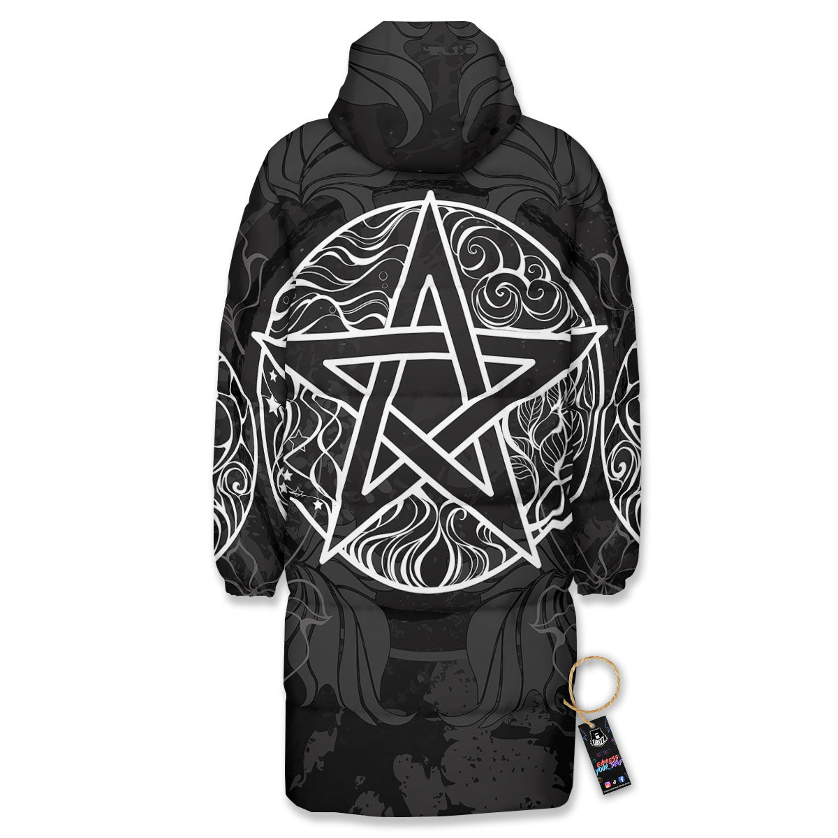 Wicca Pentagram White And Black Print Long Down Jacket