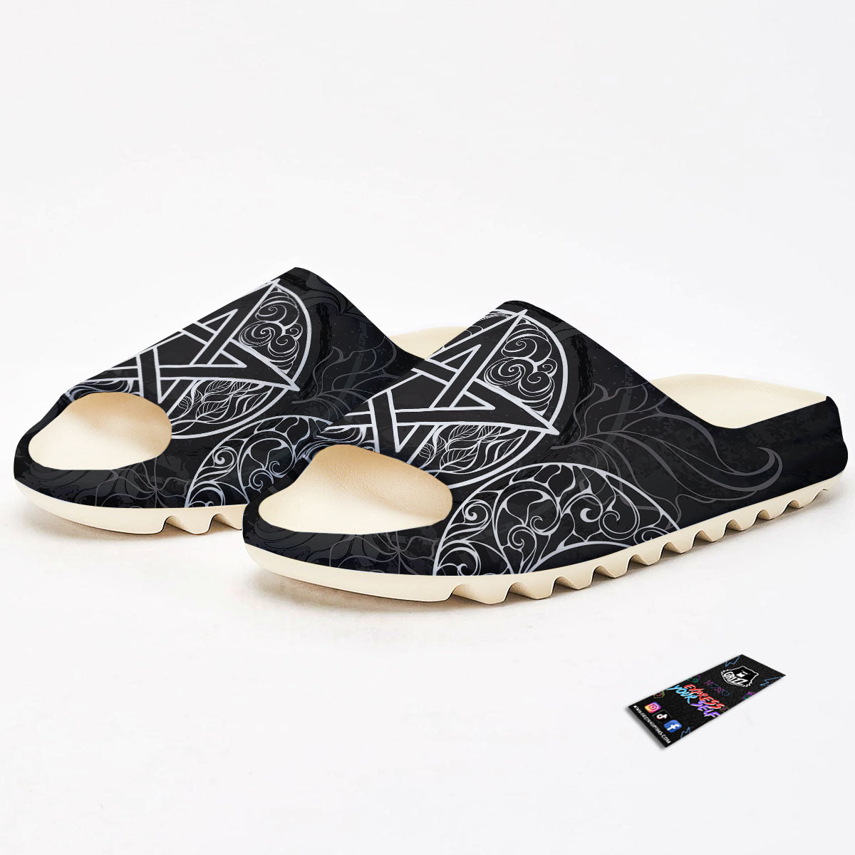 Wicca Pentagram White And Black Print Sandals-grizzshop