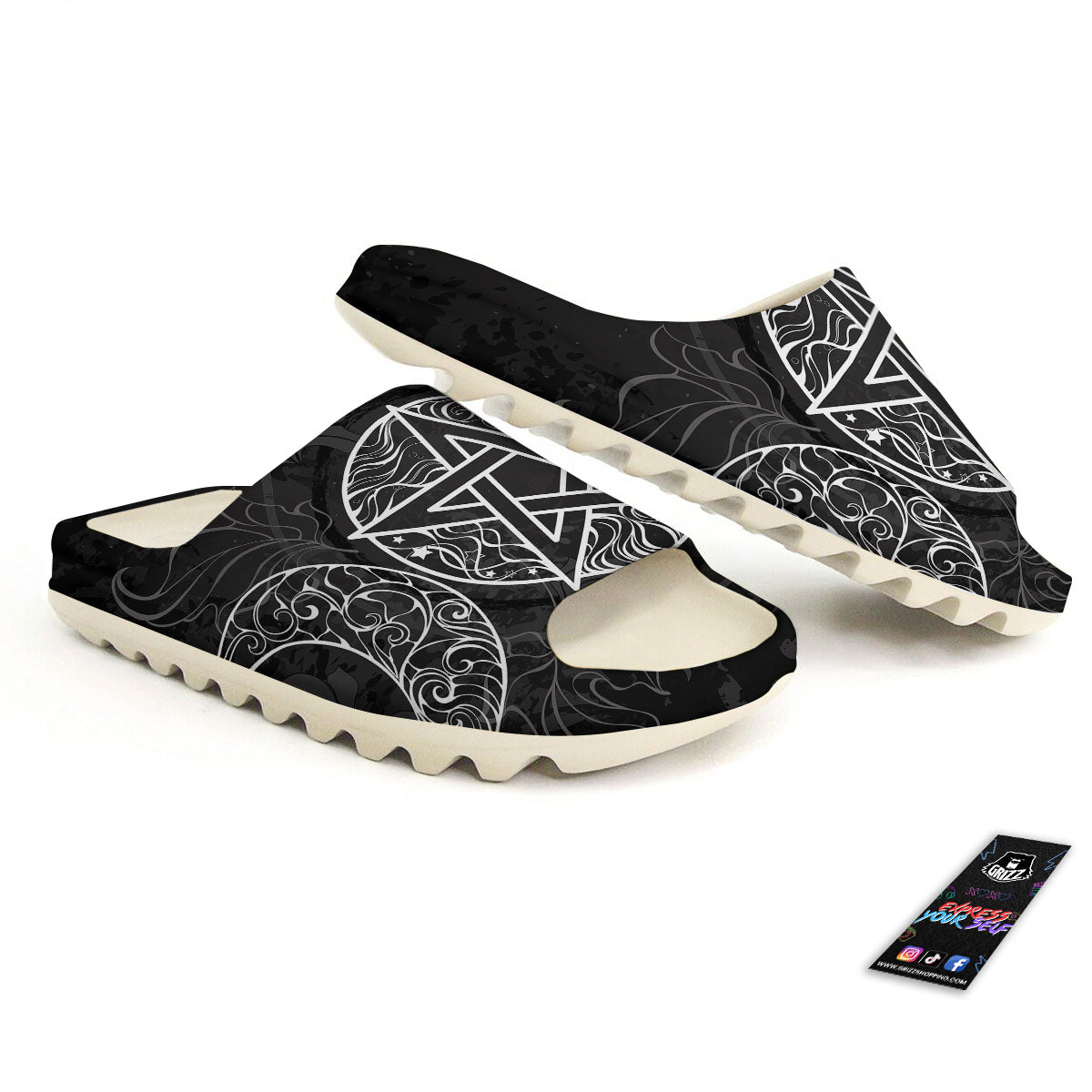 Wicca Pentagram White And Black Print Sandals-grizzshop