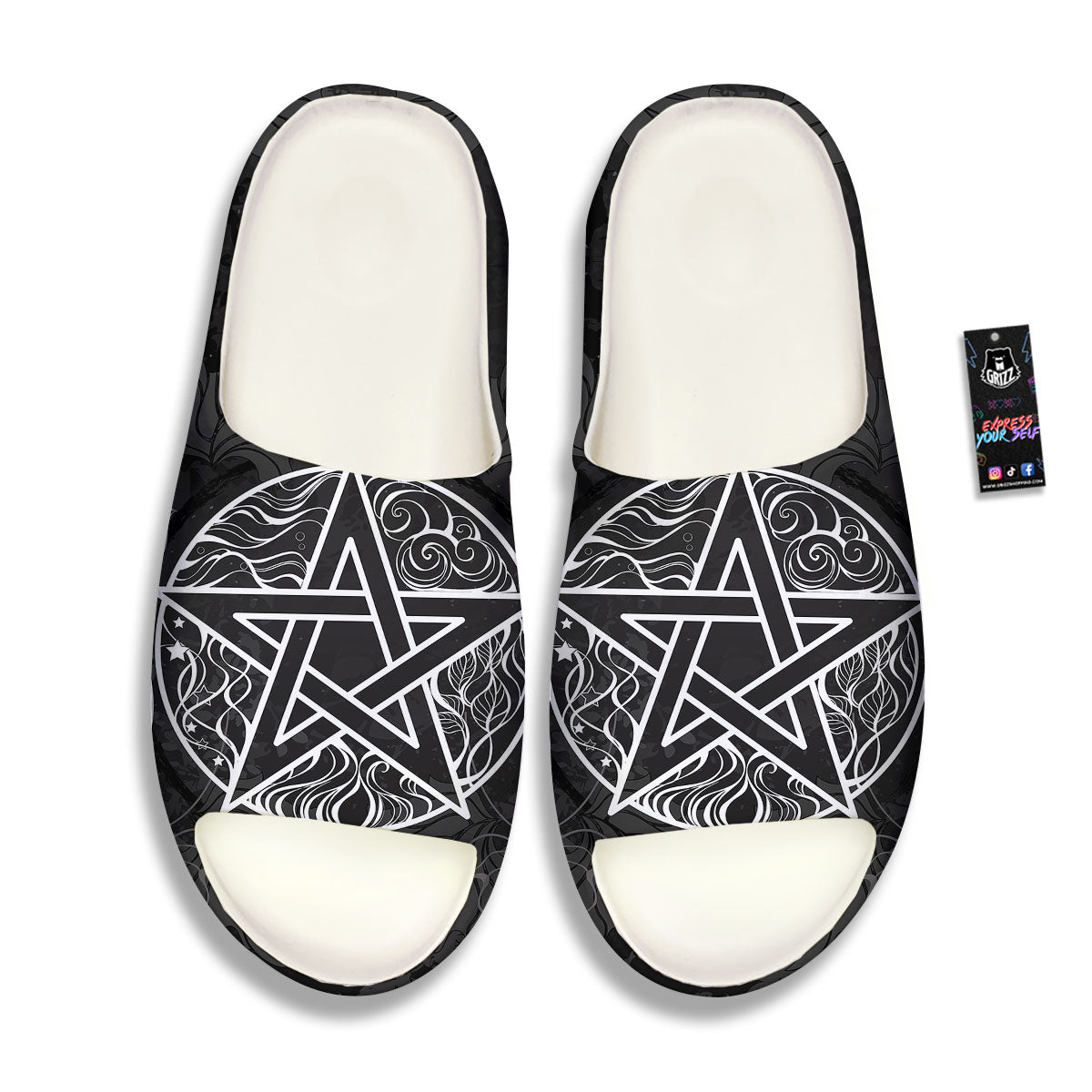 Wicca Pentagram White And Black Print Sandals-grizzshop