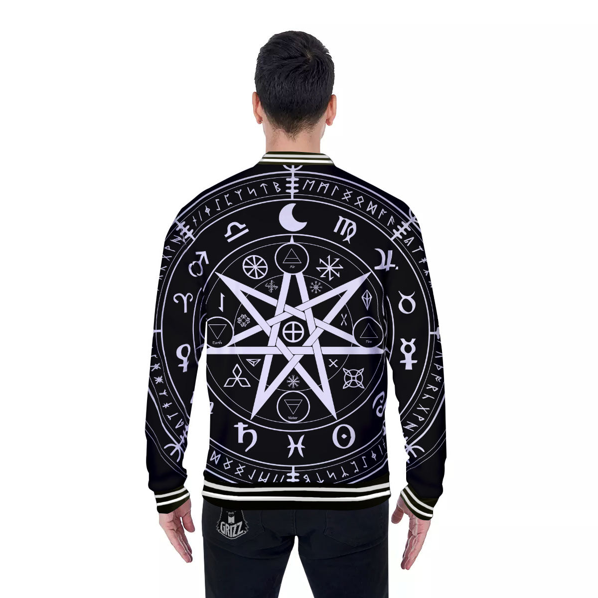 Wiccan Mystic White And Black Print Baseball Jacket-grizzshop