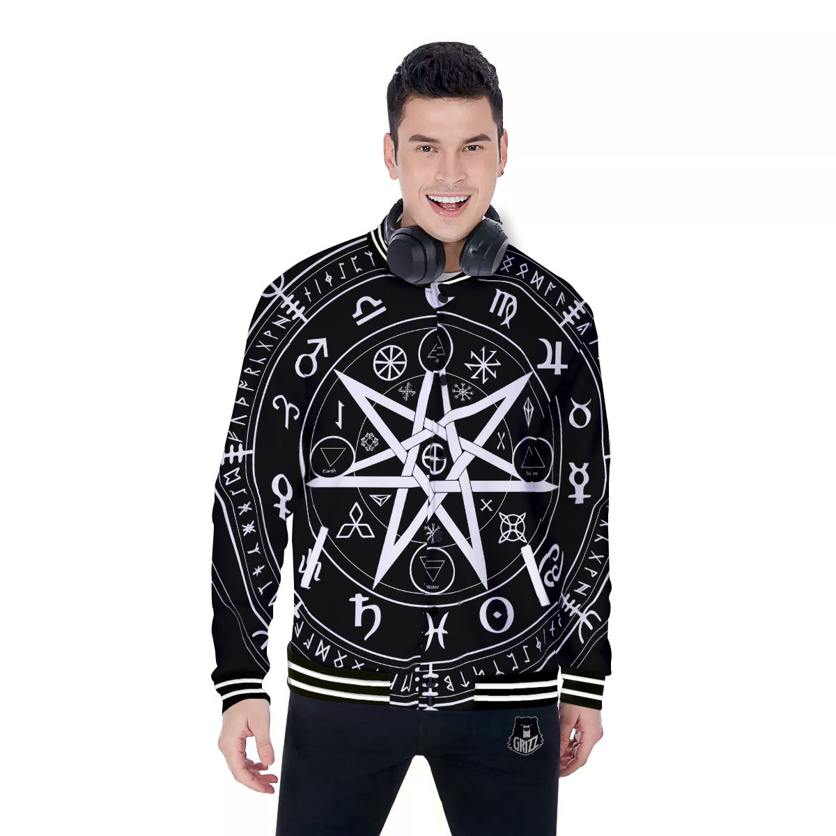 Wiccan Mystic White And Black Print Baseball Jacket-grizzshop