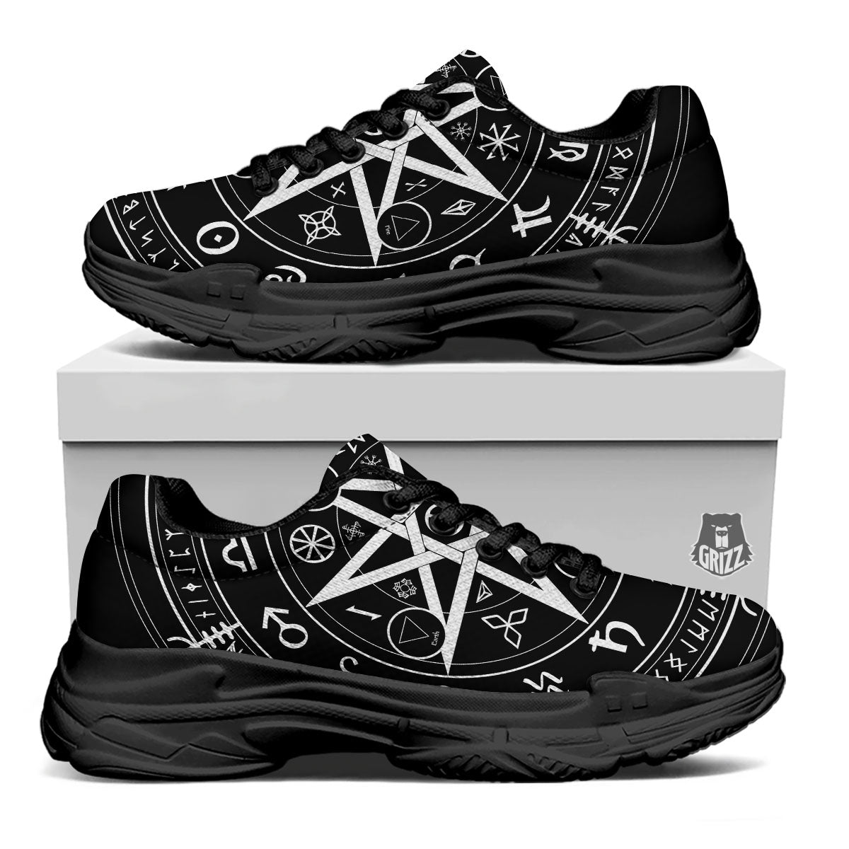 Wiccan Mystic White And Black Print Black Chunky Shoes-grizzshop