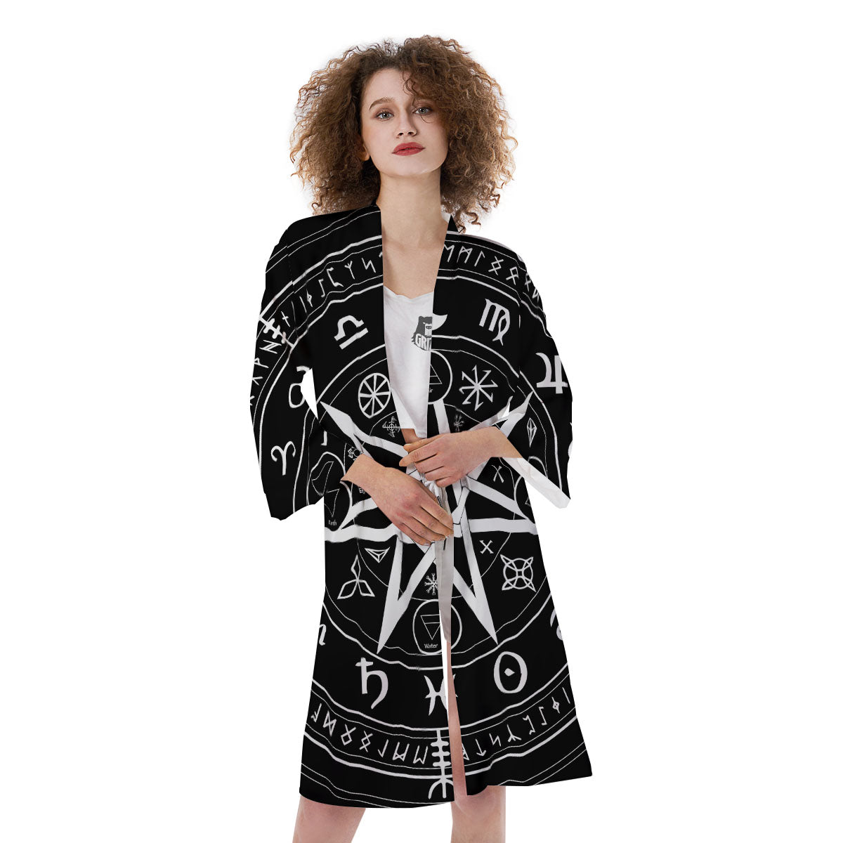 Wiccan Mystic White And Black Print Kimono-grizzshop
