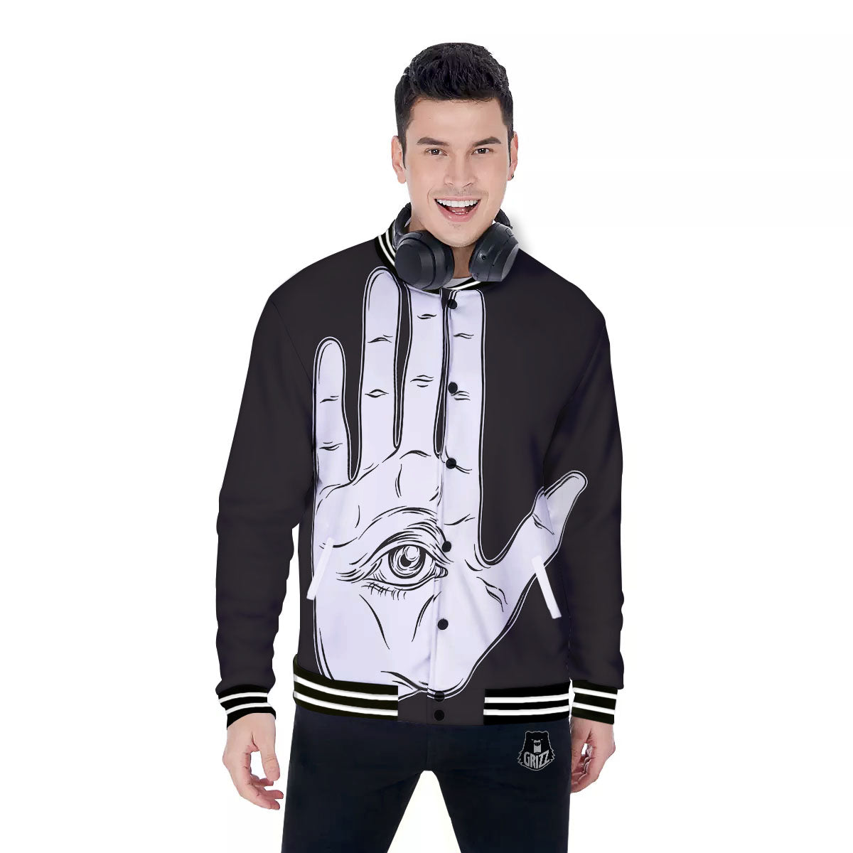 Wiccan Palmistry White And Black Print Baseball Jacket-grizzshop