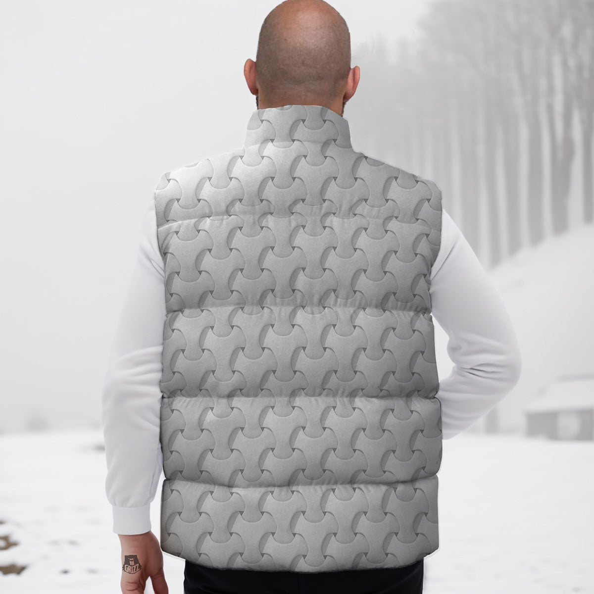 White Abstract 3D Geometric Print Pattern Down Vest