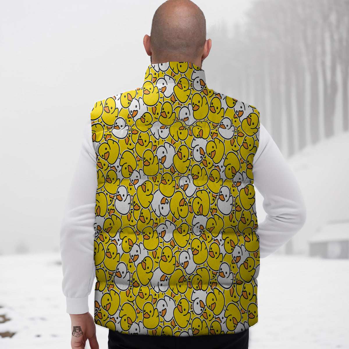 White And Yellow Duck Rubber Print Pattern Down Vest