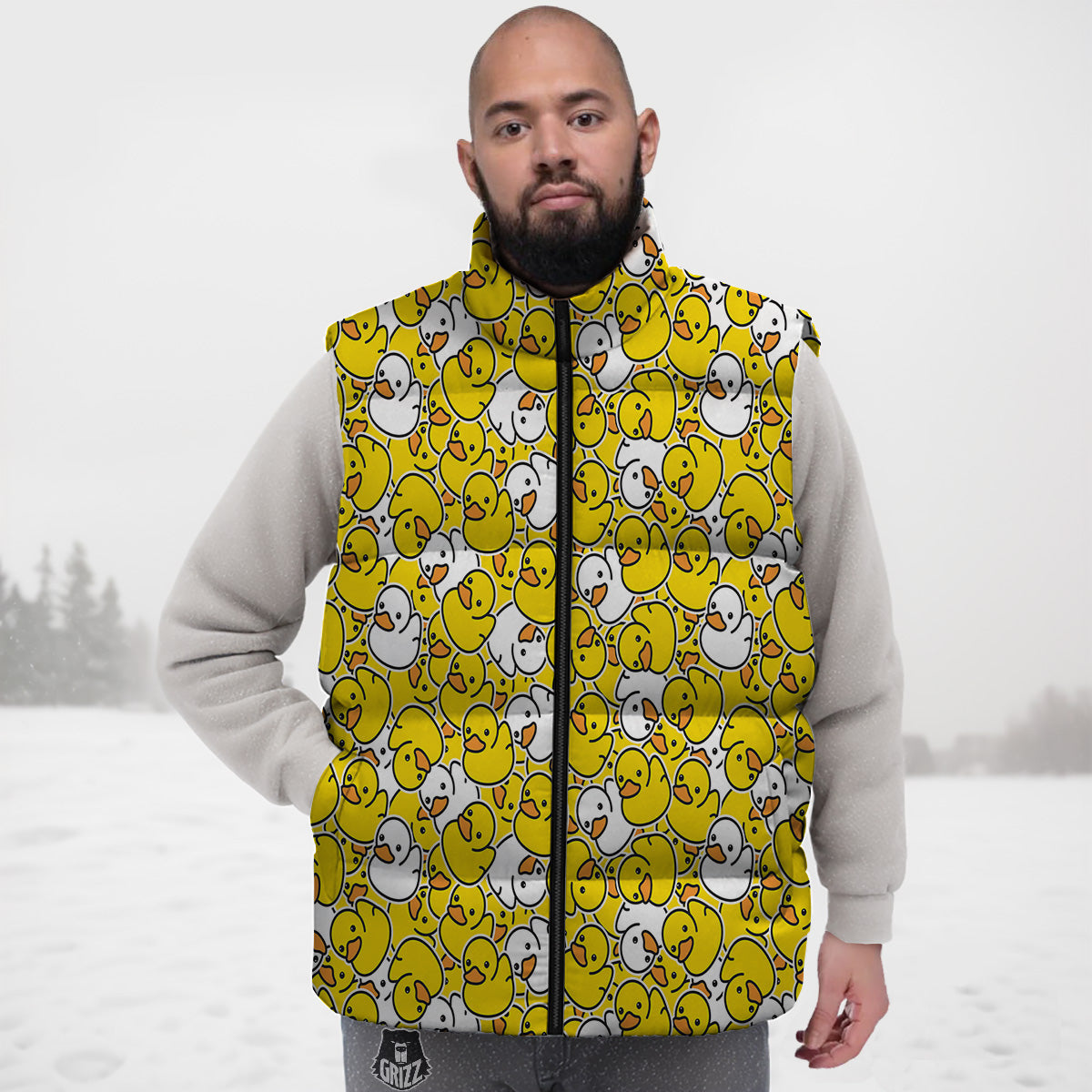 White And Yellow Duck Rubber Print Pattern Down Vest