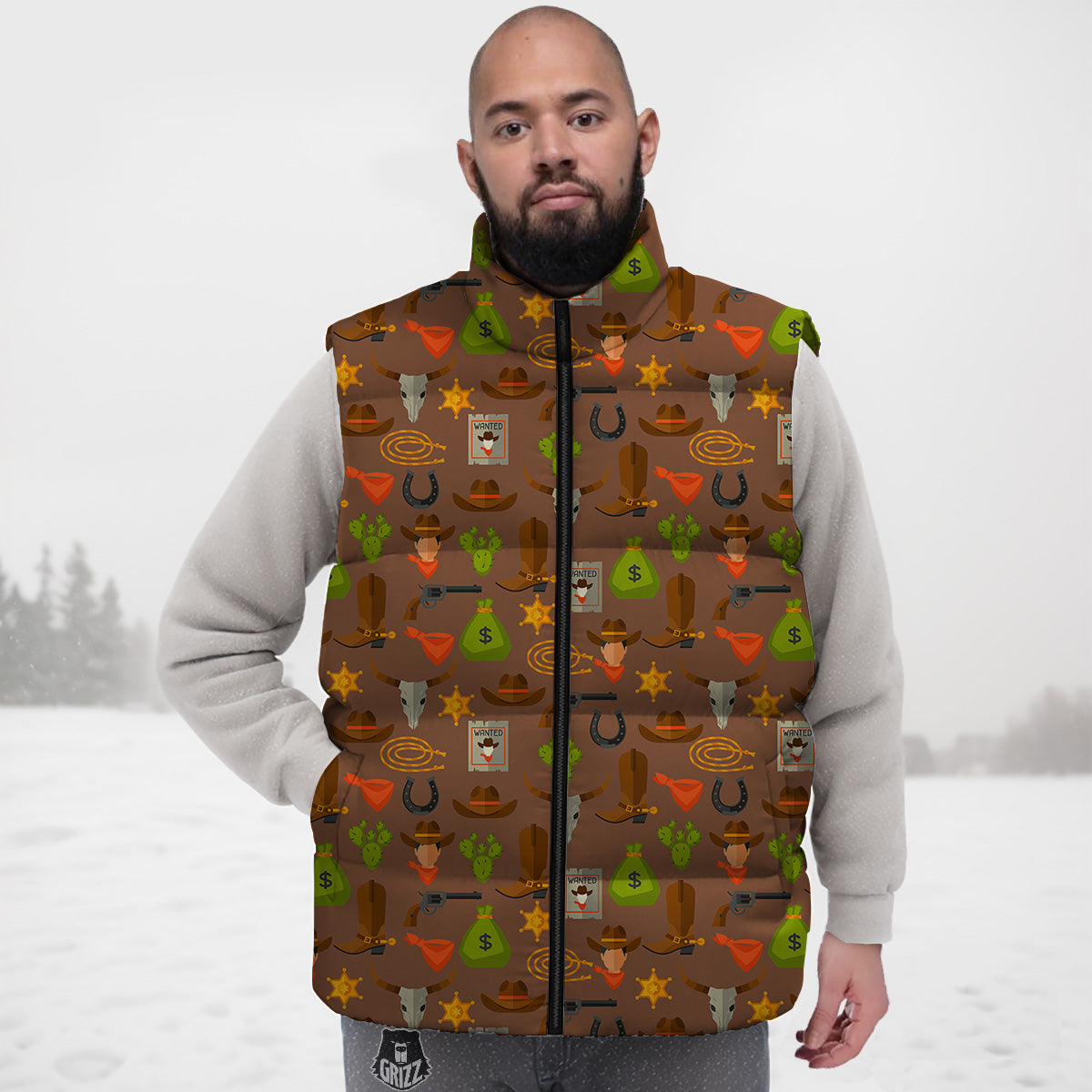 Wild West And Emoji Cowboy Style Print Pattern Down Vest