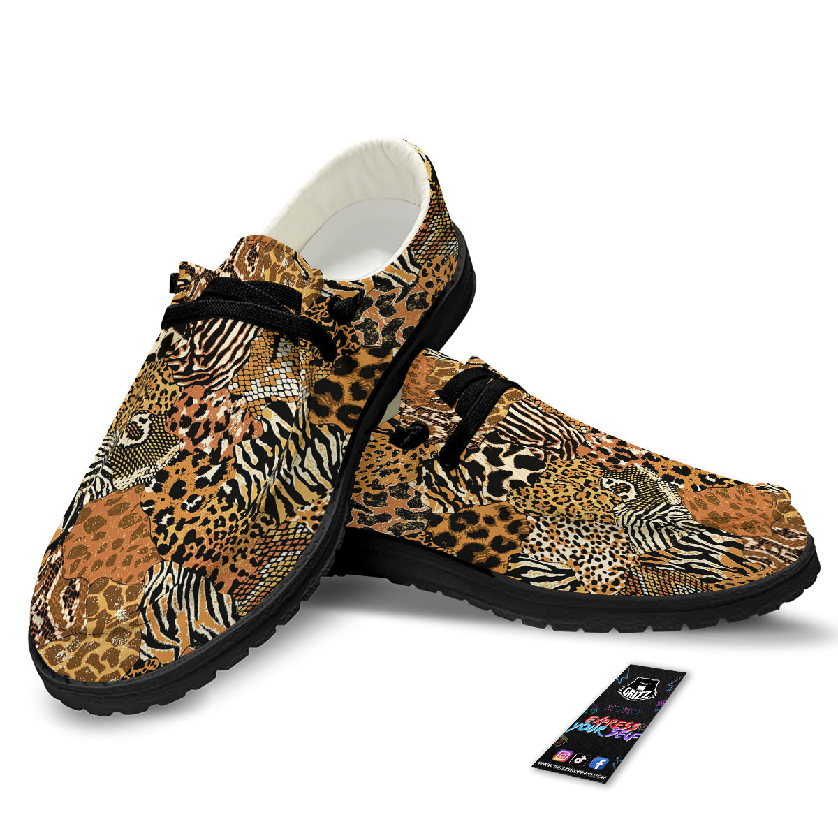 Wild Animal Skins Patchwork Print Pattern Black Loafers-grizzshop