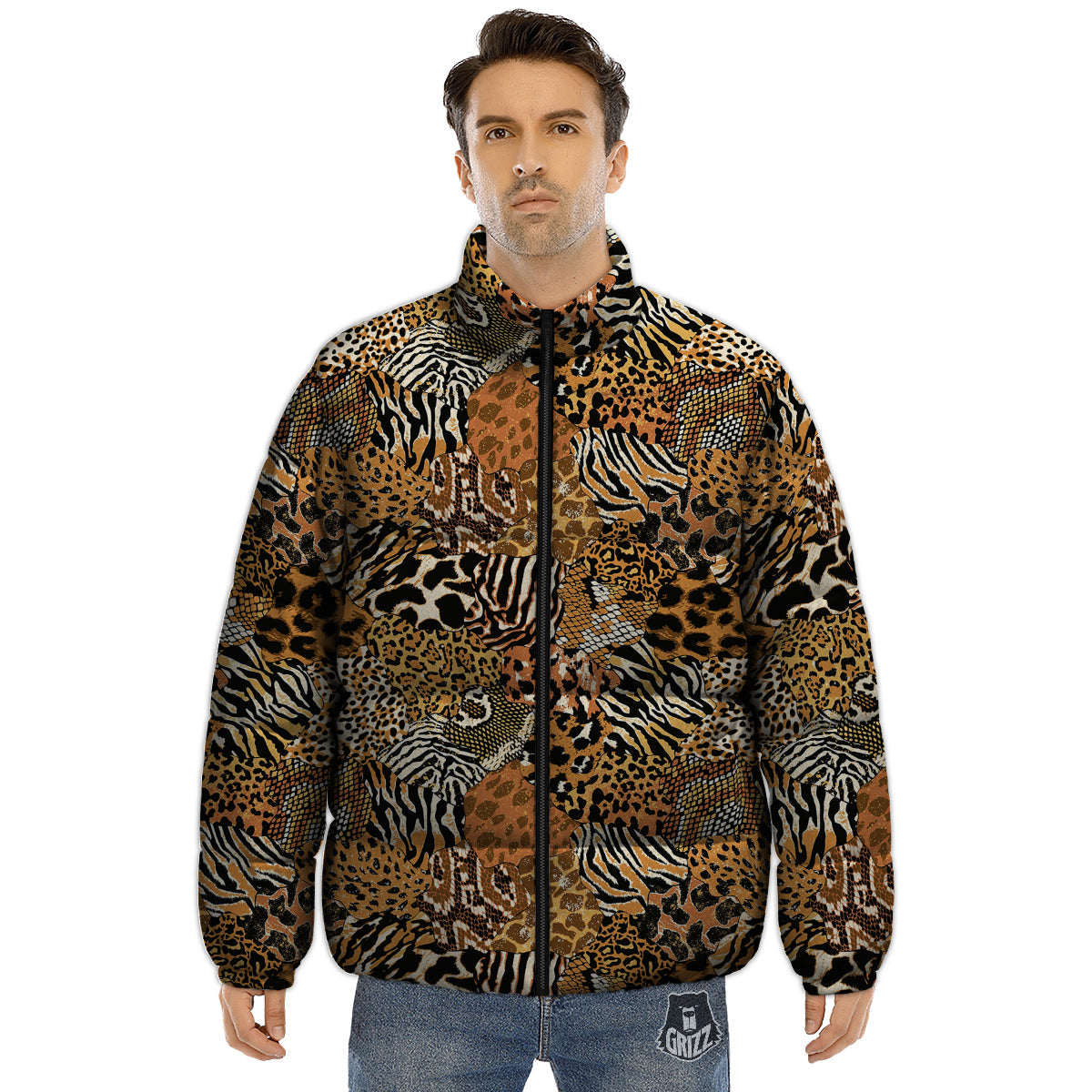 Wild Animal Skins Patchwork Print Pattern Puffer Jacket-grizzshop