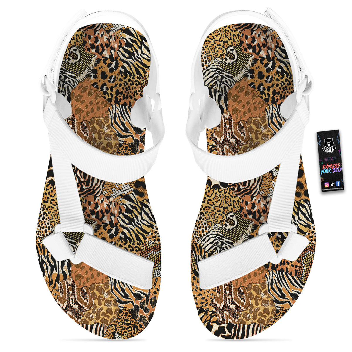Wild Animal Skins Patchwork Print Pattern White Open Toe Sandals-grizzshop