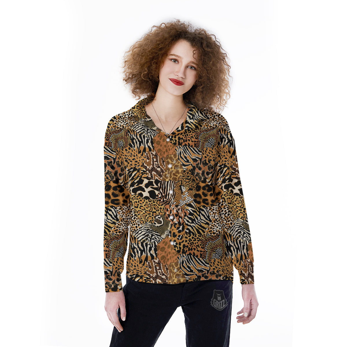 Wild Animal Skins Patchwork Print Pattern Women's Long Sleeve Shirts-grizzshop