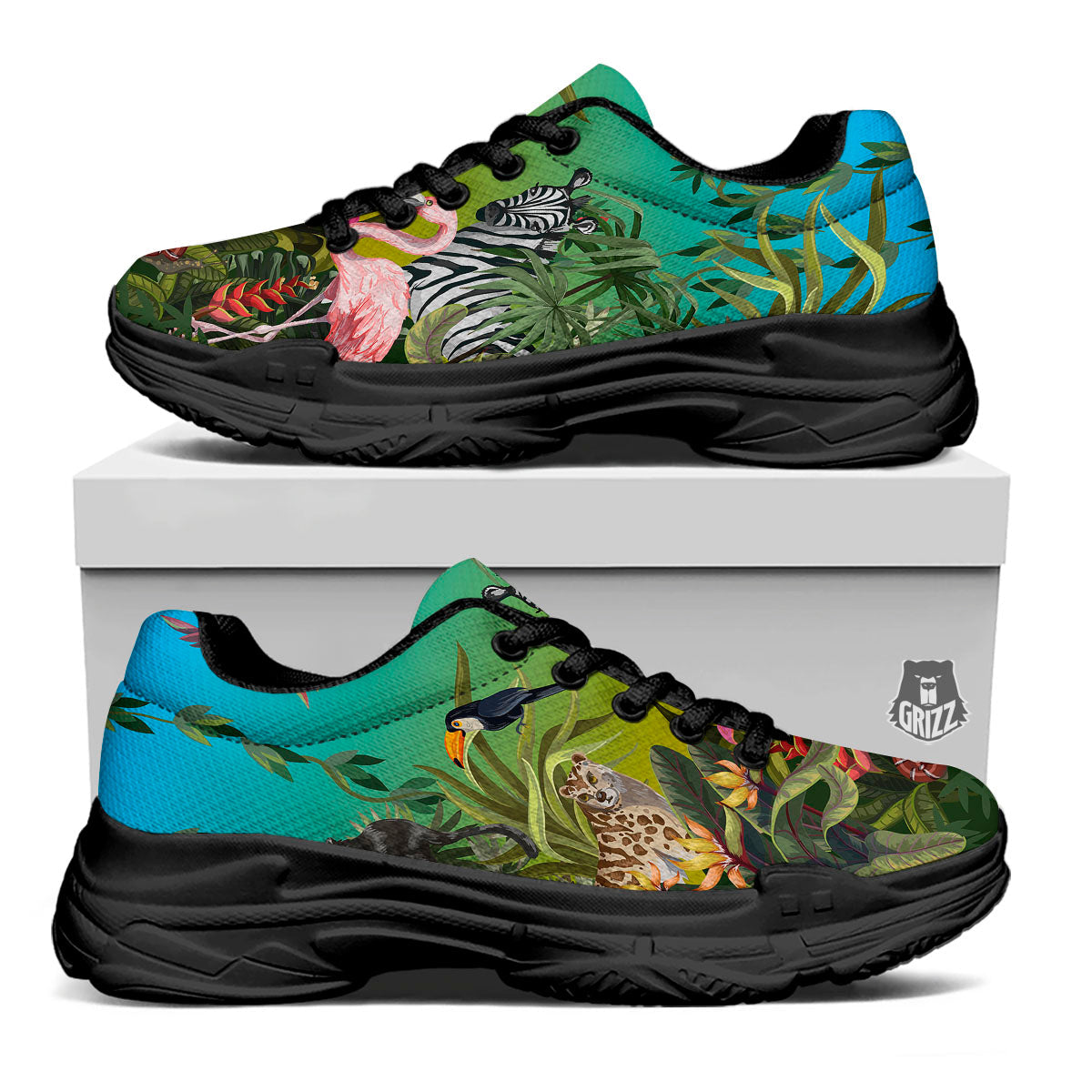 Wild Animals Jungle Print Black Chunky Shoes-grizzshop