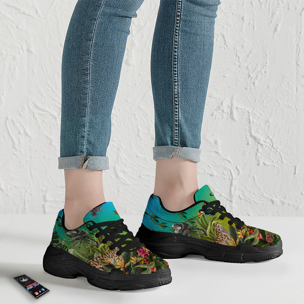 Wild Animals Jungle Print Black Chunky Shoes-grizzshop