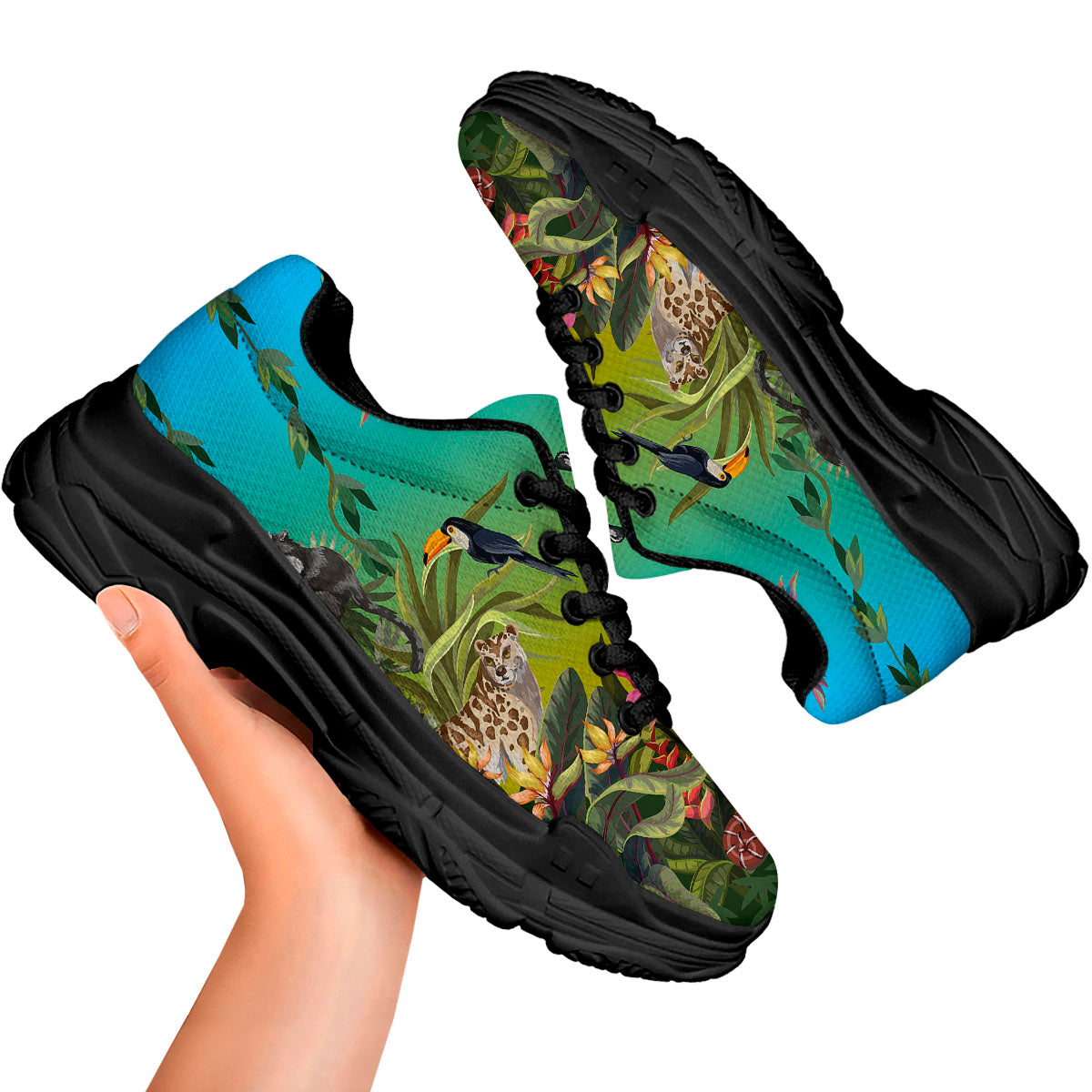 Wild Animals Jungle Print Black Chunky Shoes-grizzshop