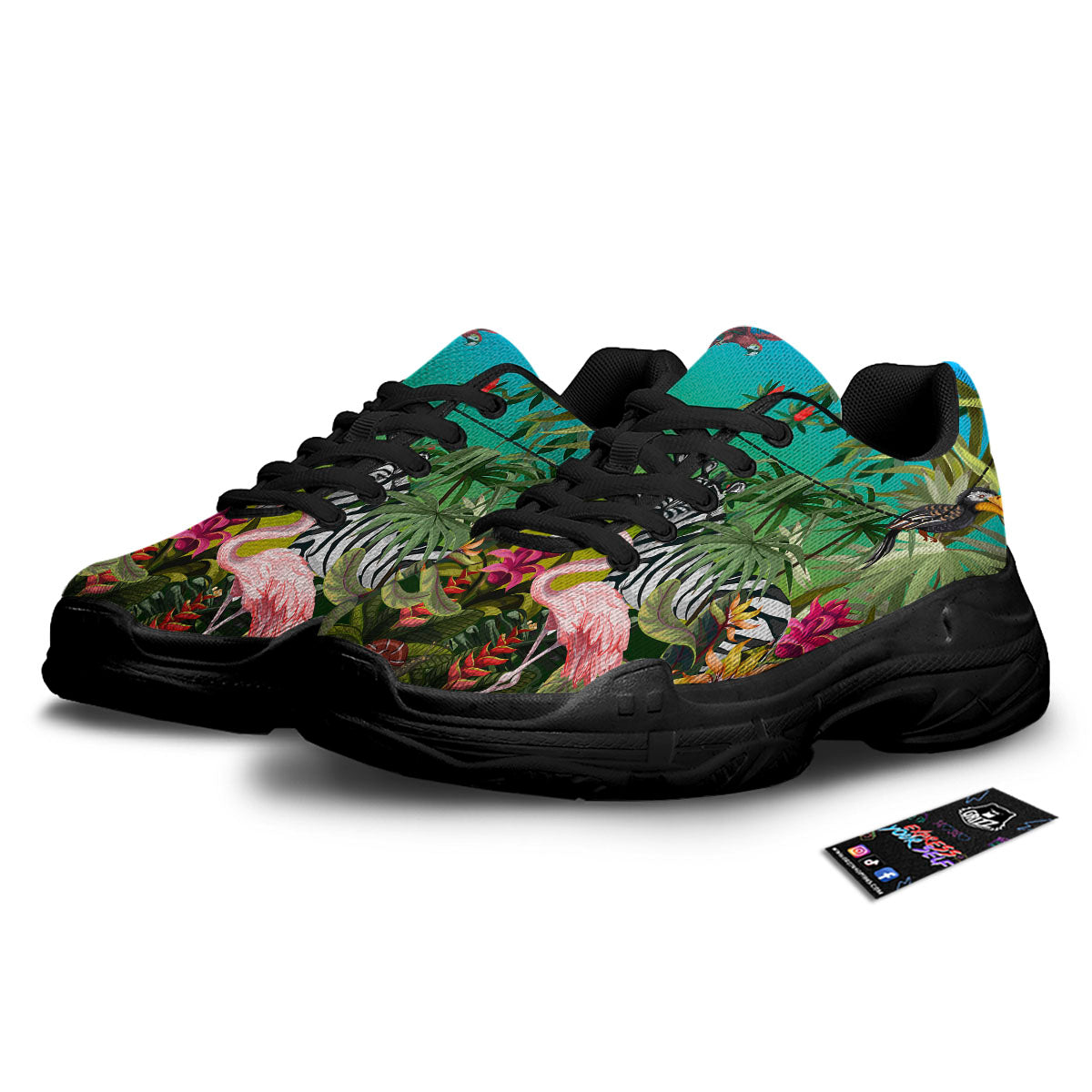 Wild Animals Jungle Print Black Chunky Shoes-grizzshop