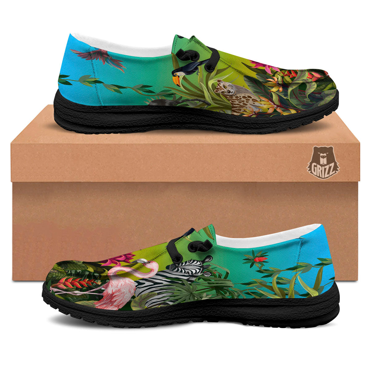 Wild Animals Jungle Print Black Loafers-grizzshop