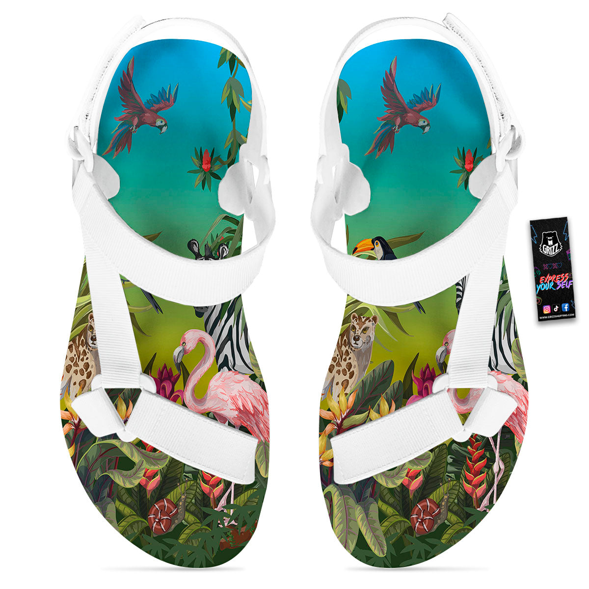 Wild Animals Jungle Print White Open Toe Sandals-grizzshop