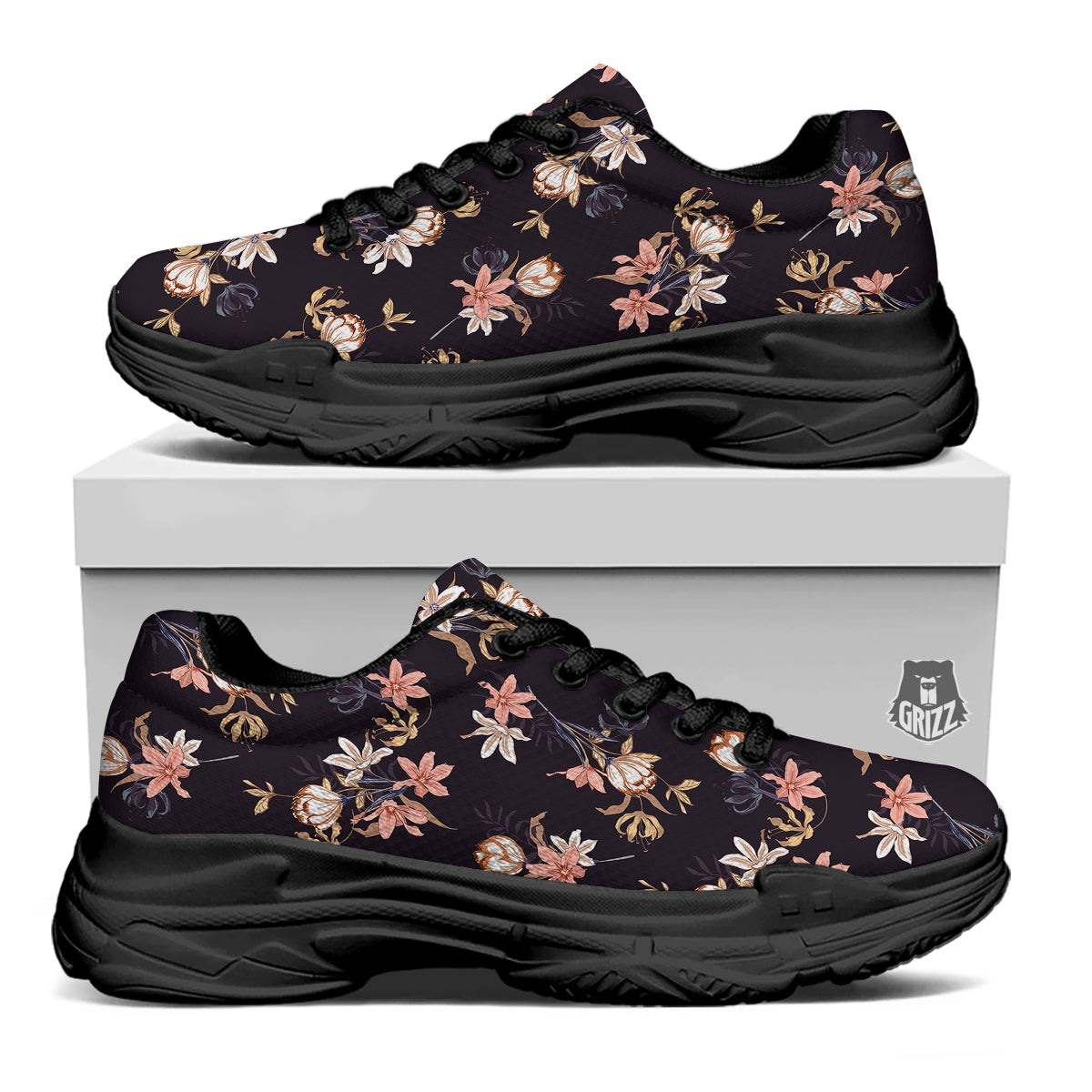 Wild Flower Print Pattern Black Chunky Shoes-grizzshop