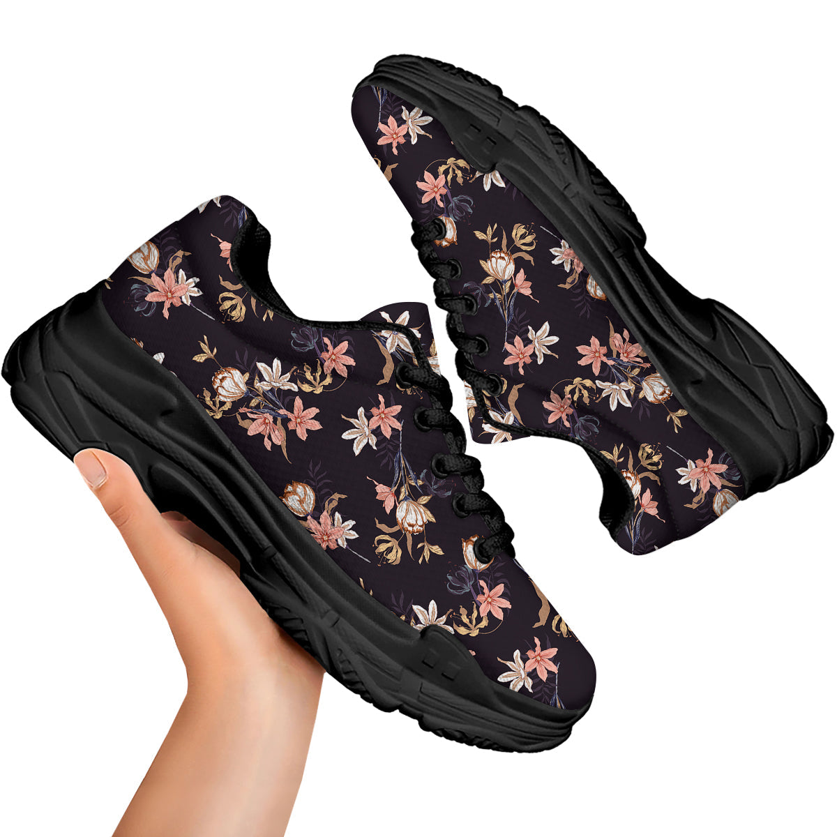 Wild Flower Print Pattern Black Chunky Shoes-grizzshop