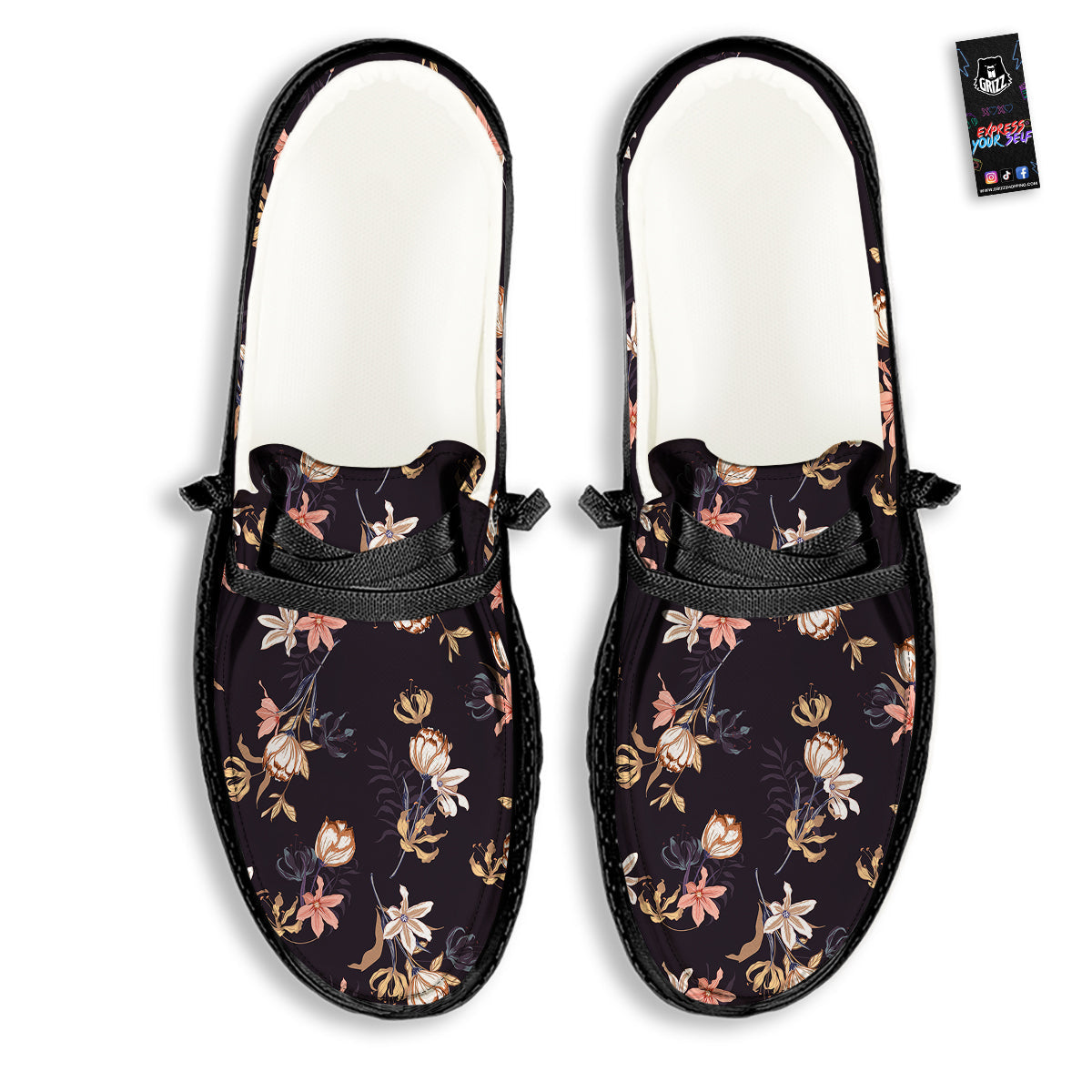 Wild Flower Print Pattern Black Loafers-grizzshop