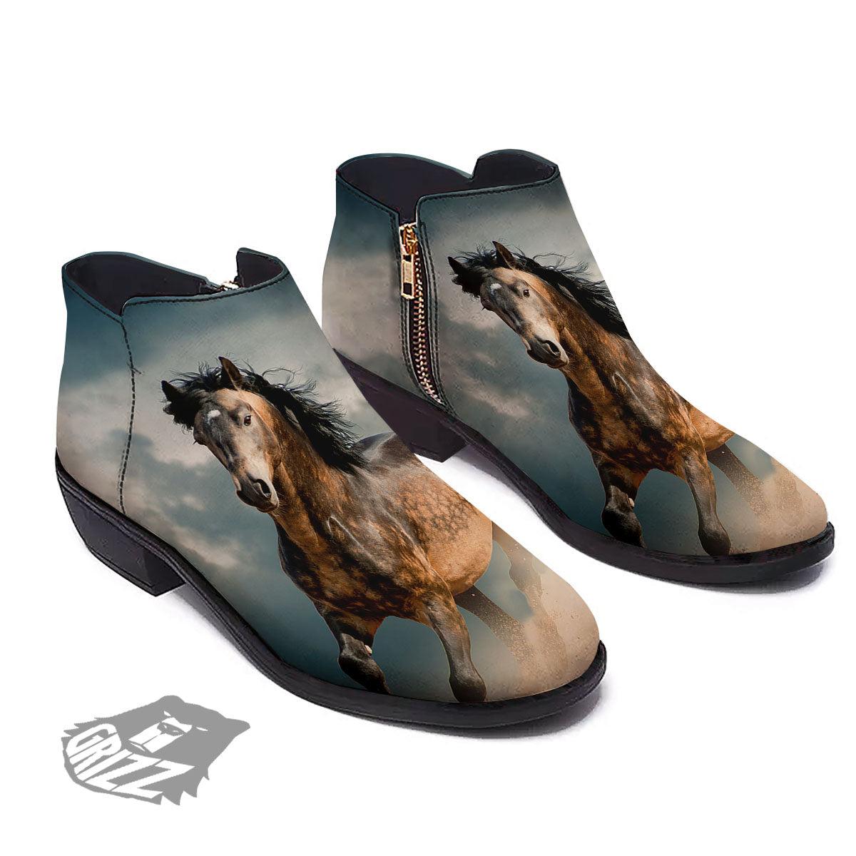 Wild Horses Running Print Ankle Boots-grizzshop