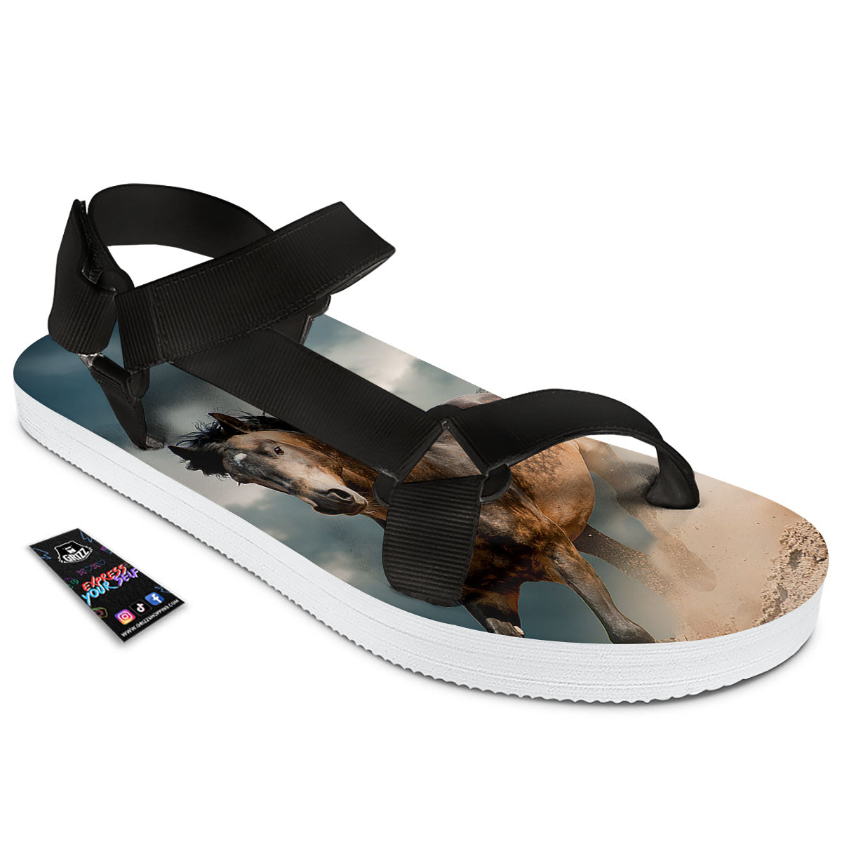 Wild Horses Running Print Black Open Toe Sandals-grizzshop