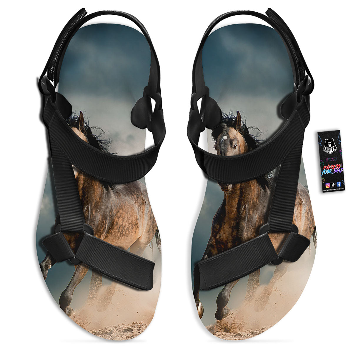 Wild Horses Running Print Black Open Toe Sandals-grizzshop
