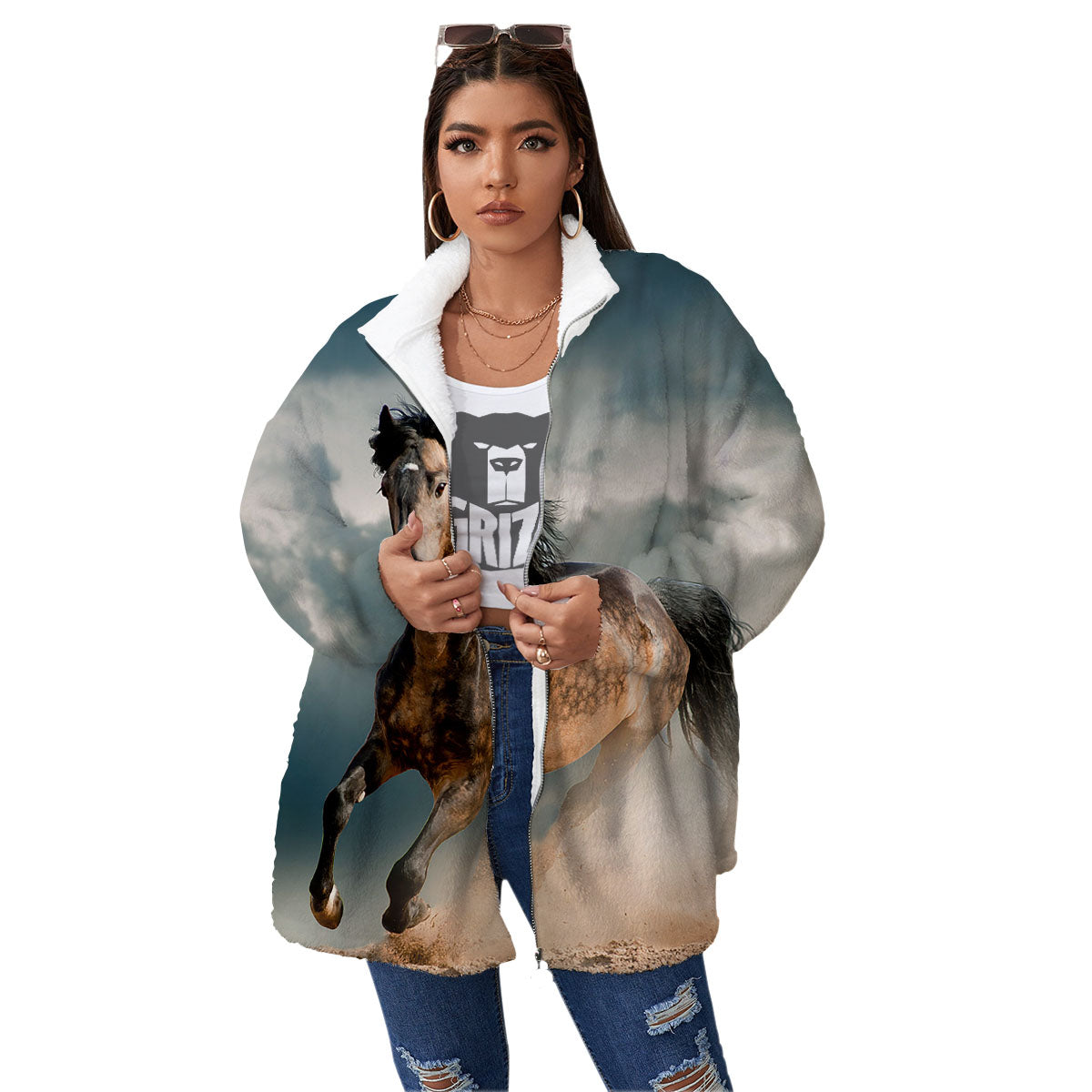 Wild Horses Running Print Women's Sherpa Jacket-grizzshop