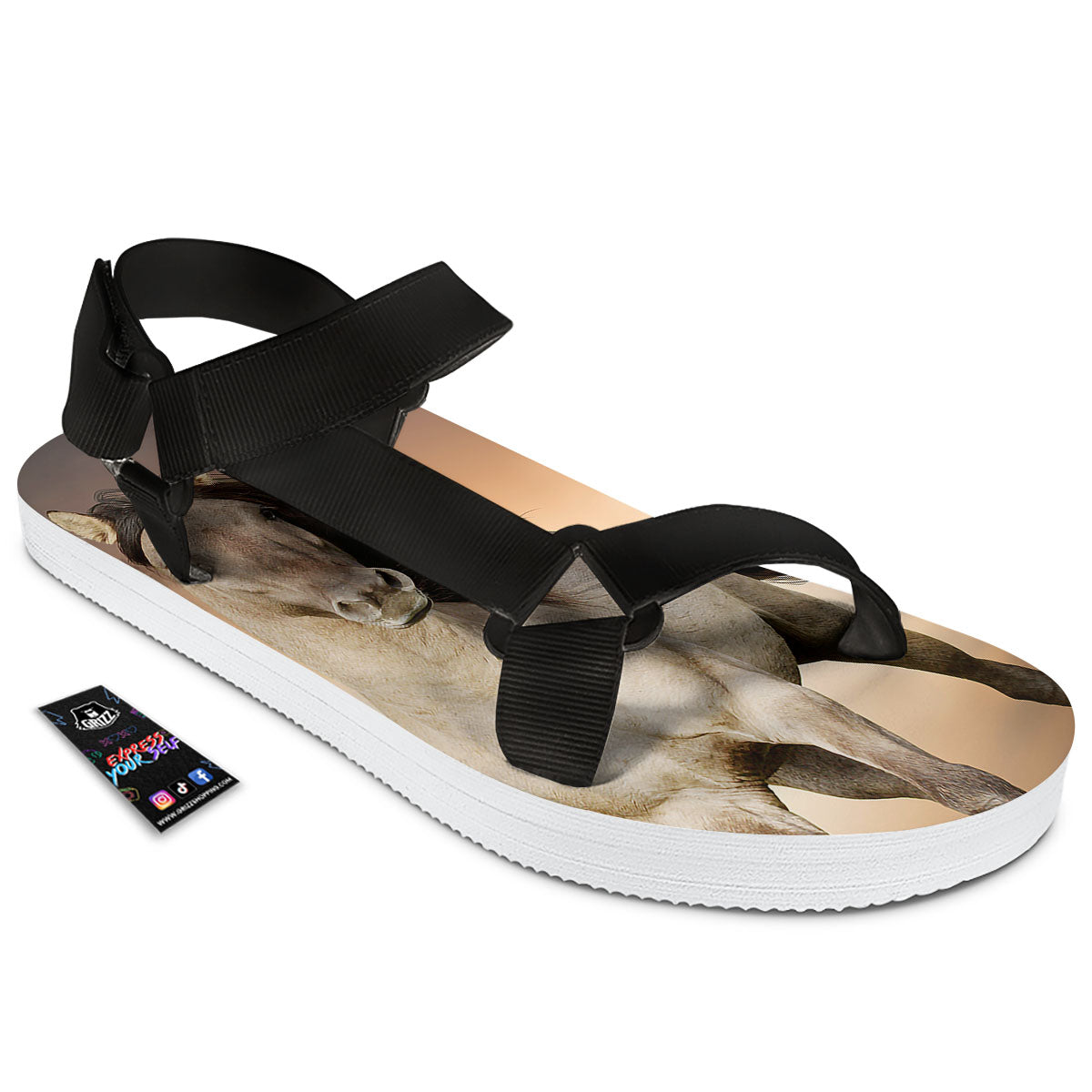 Wild Stallion Horse Running Print Black Open Toe Sandals-grizzshop