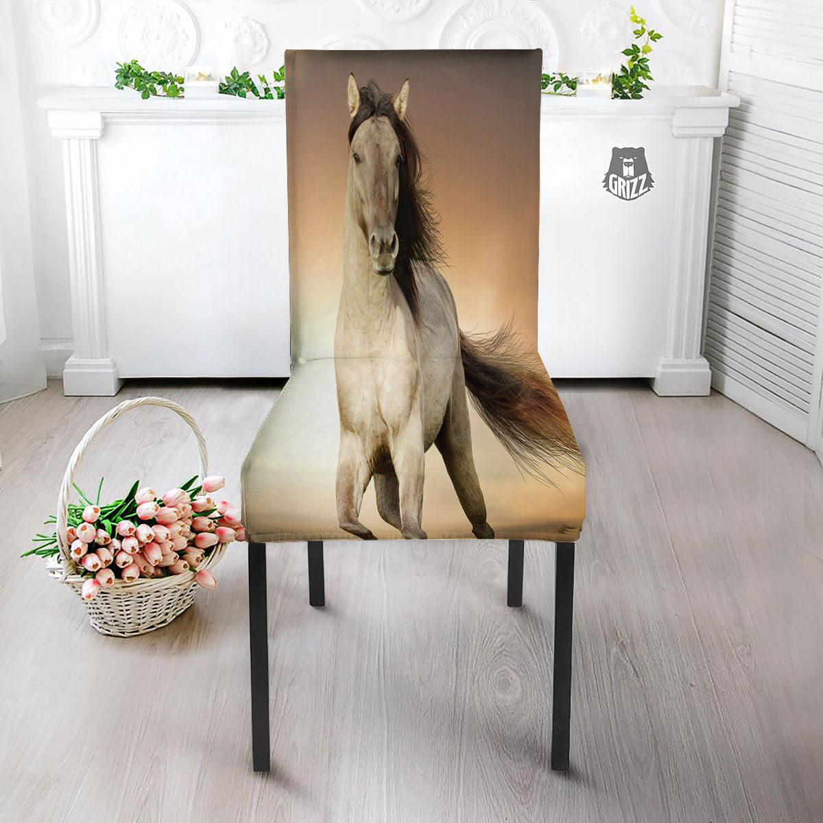 Wild Stallion Horse Running Print Dining Chair Slipcover-grizzshop