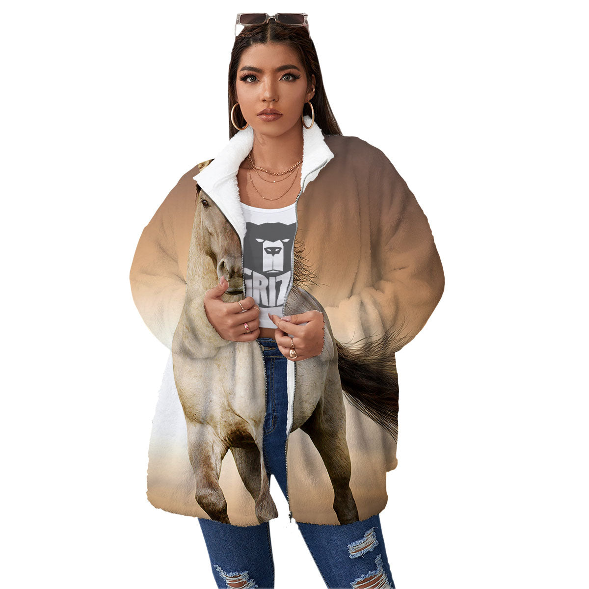 Wild Stallion Horse Running Print Women's Sherpa Jacket-grizzshop