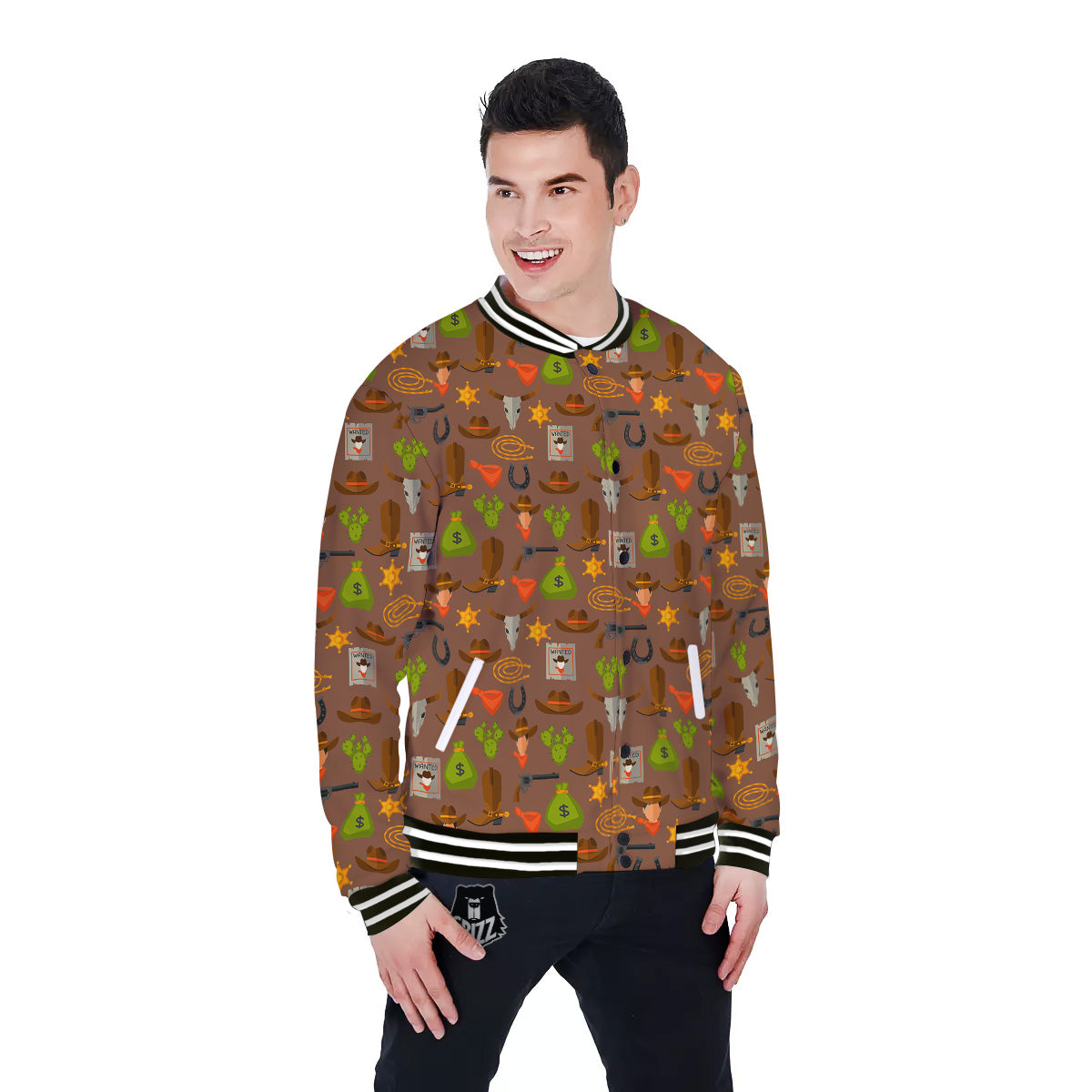 Wild West And Emoji Cowboy Style Print Pattern Baseball Jacket-grizzshop