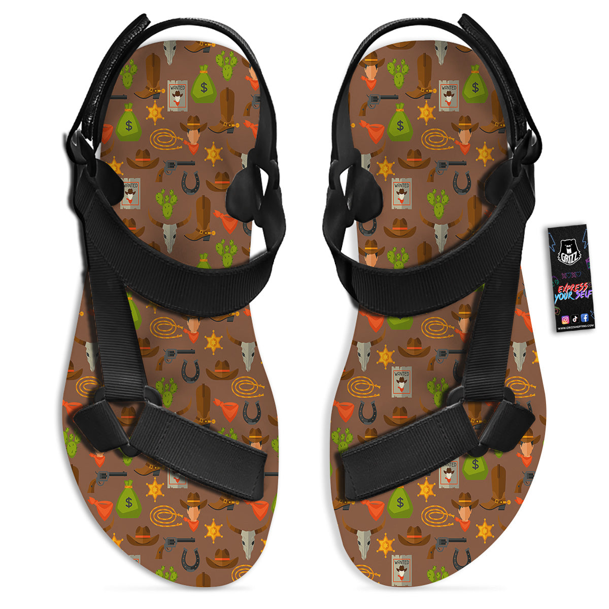 Wild West And Emoji Cowboy Style Print Pattern Black Open Toe Sandals-grizzshop