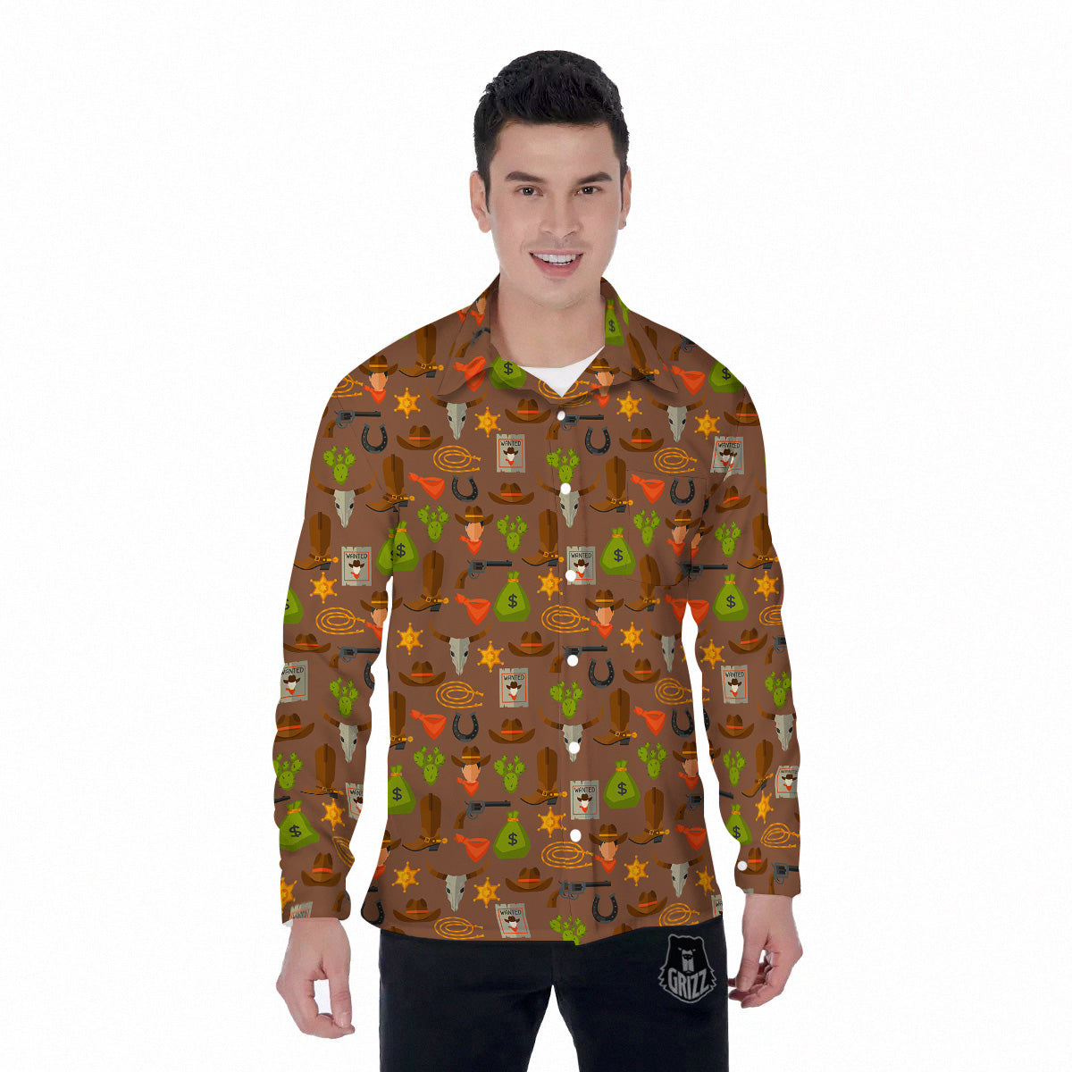 Wild West And Emoji Cowboy Style Print Pattern Men's Long Sleeve Shirts-grizzshop