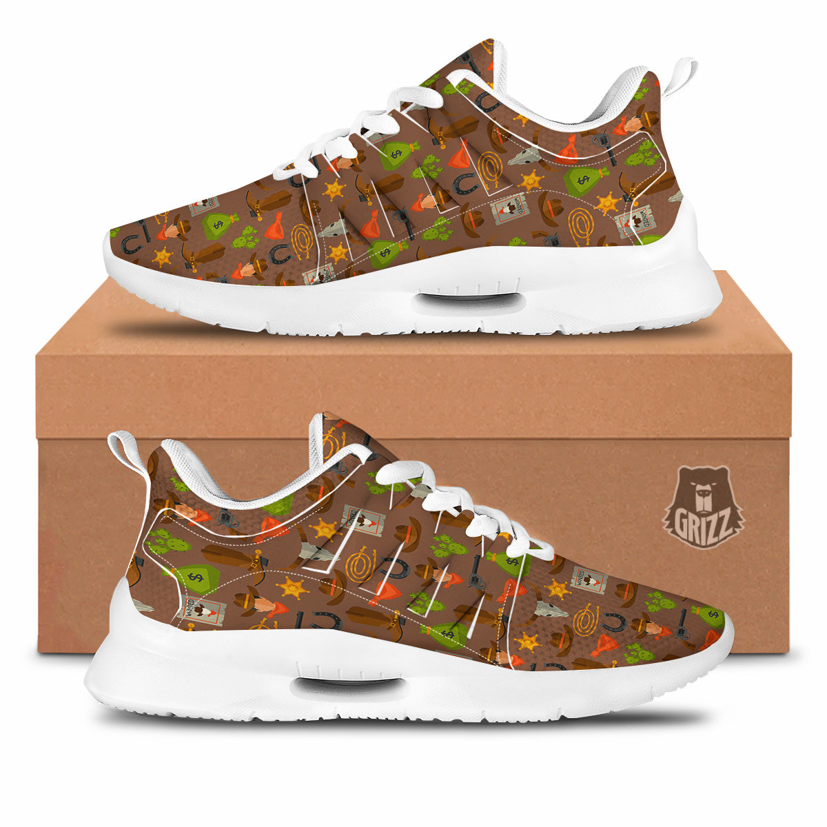 Wild West And Emoji Cowboy Style Print Pattern Tennis Shoes-grizzshop