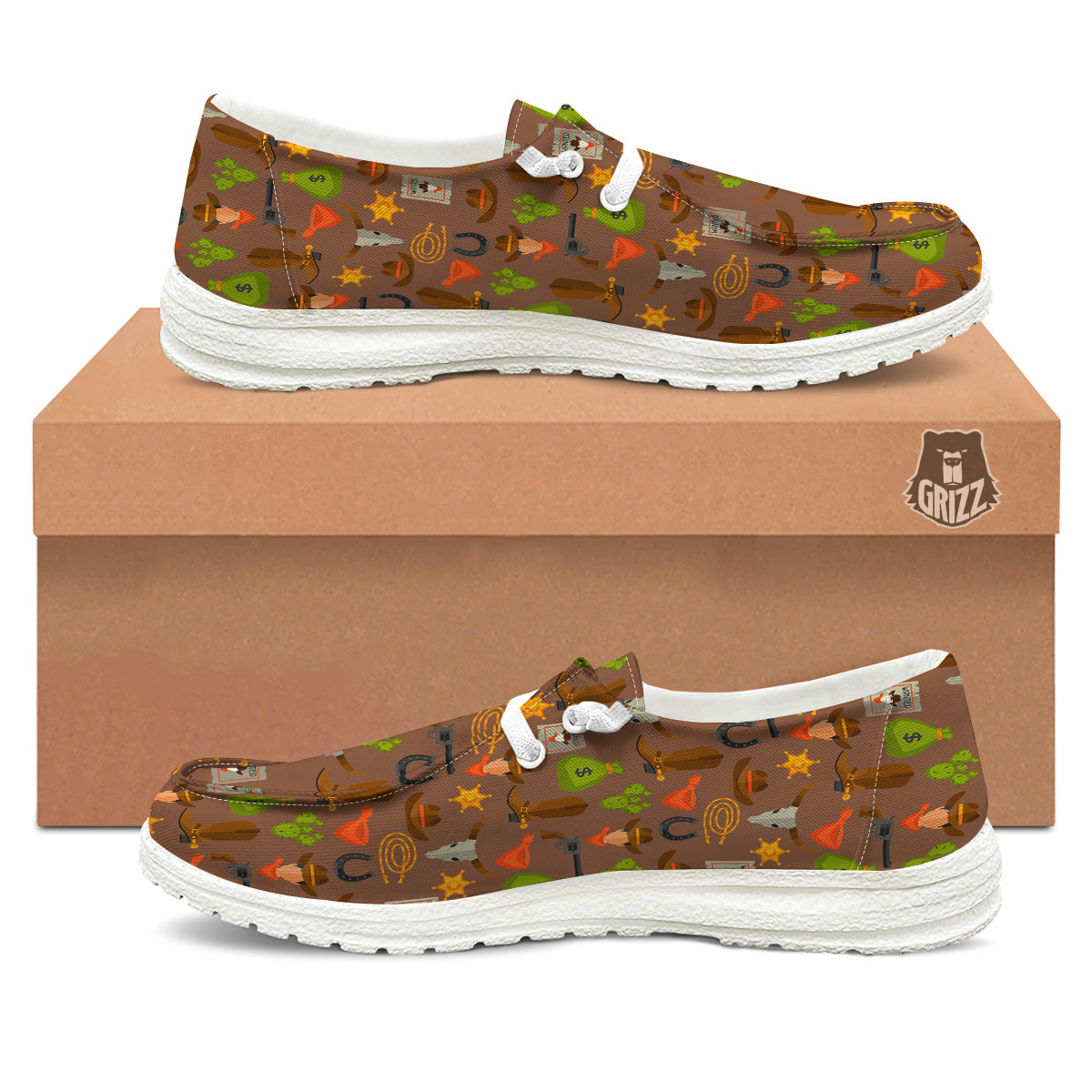 Wild West And Emoji Cowboy Style Print Pattern White Loafers-grizzshop