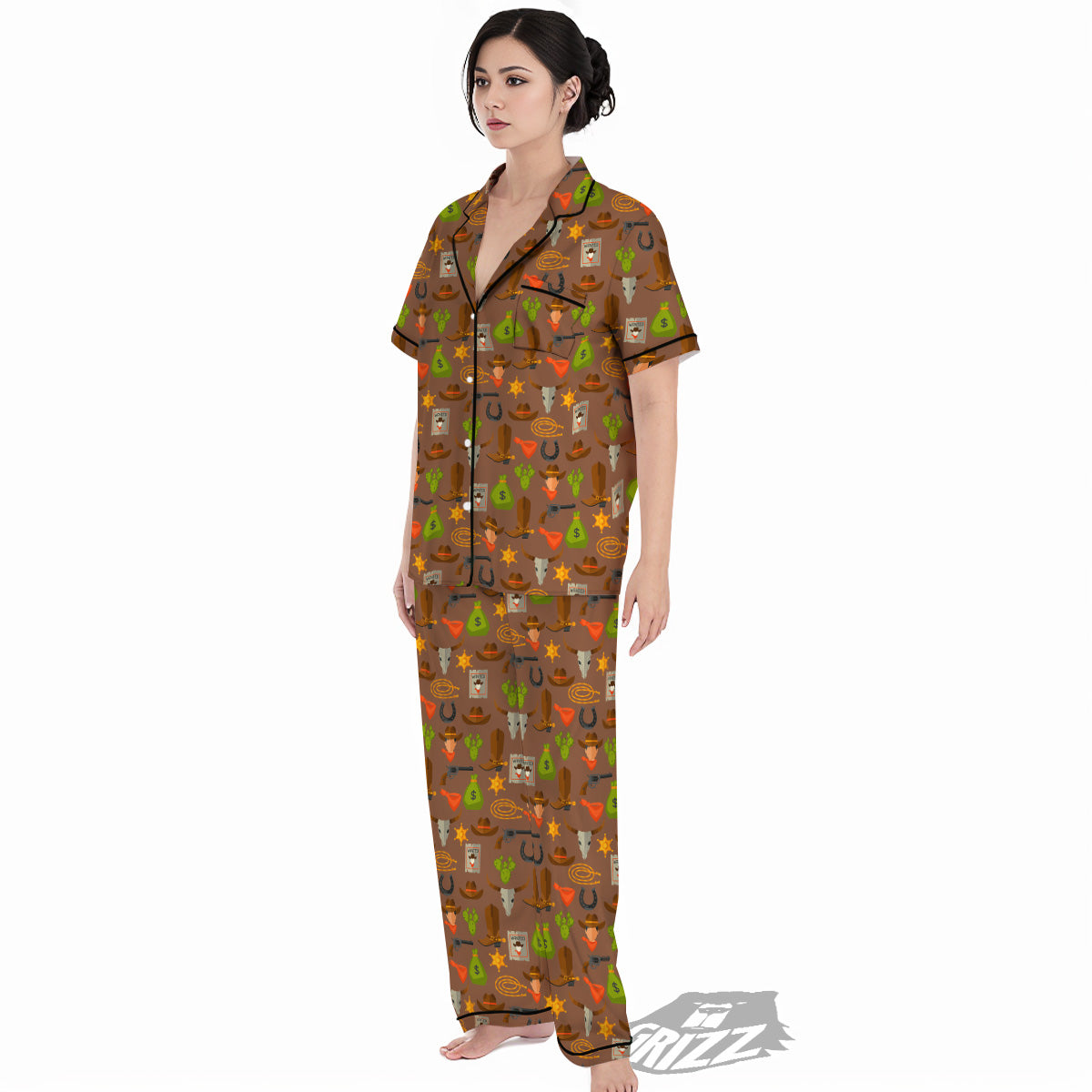 Wild West And Emoji Cowboy Style Print Pattern Women's Pajamas Set-grizzshop
