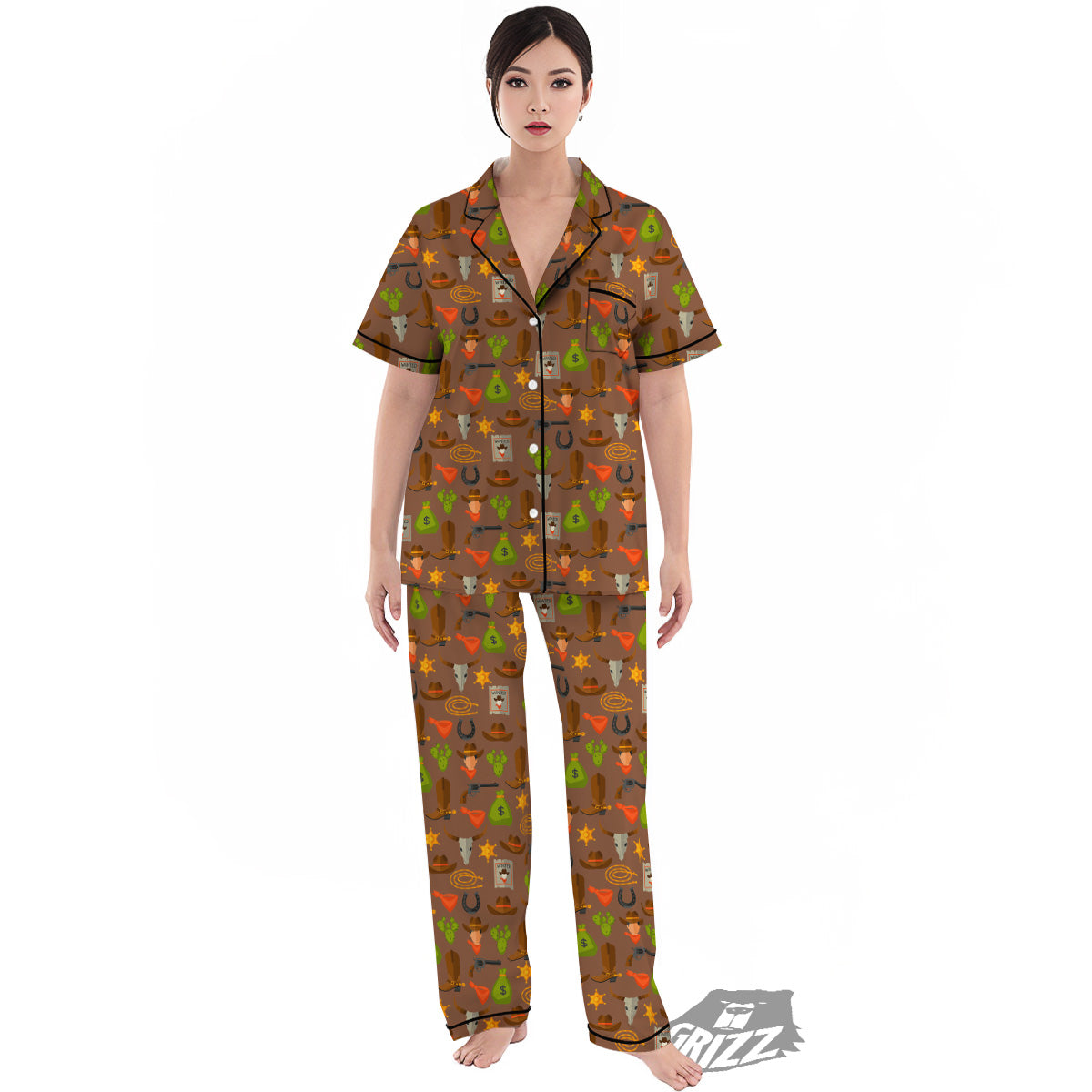 Wild West And Emoji Cowboy Style Print Pattern Women's Pajamas Set-grizzshop