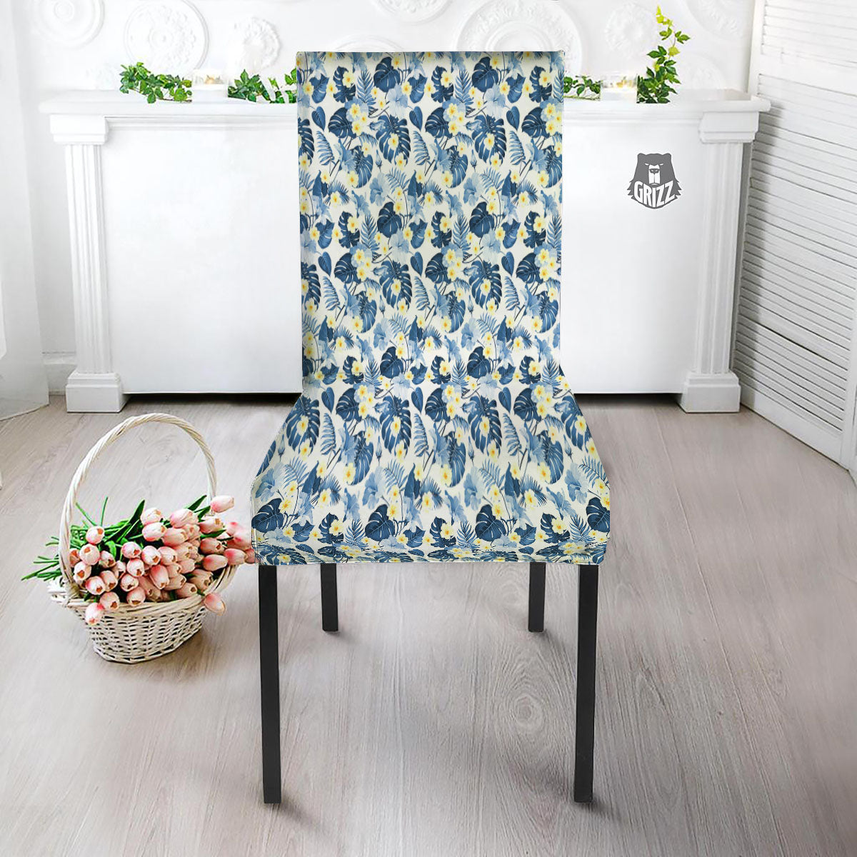 Wildflowers Blue Hawaiian Print Pattern Dining Chair Slipcover-grizzshop