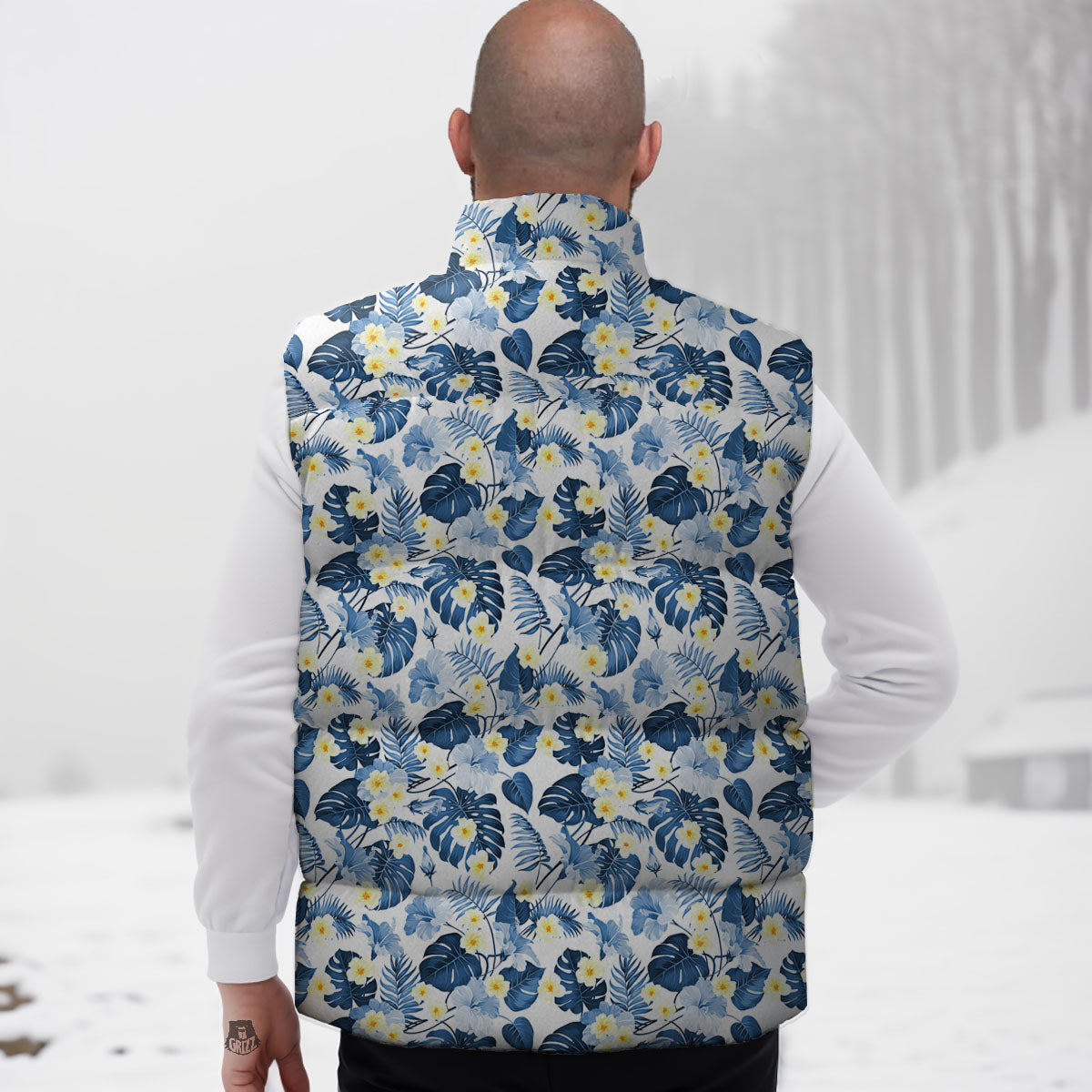 Wildflowers Blue Hawaiian Print Pattern Down Vest-grizzshop