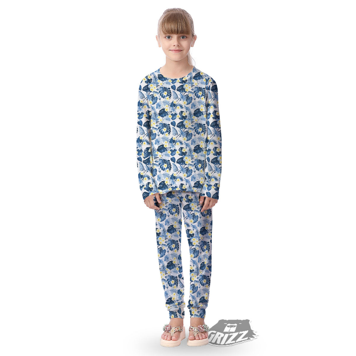 Wildflowers Blue Hawaiian Print Pattern Kid's Pajamas-grizzshop