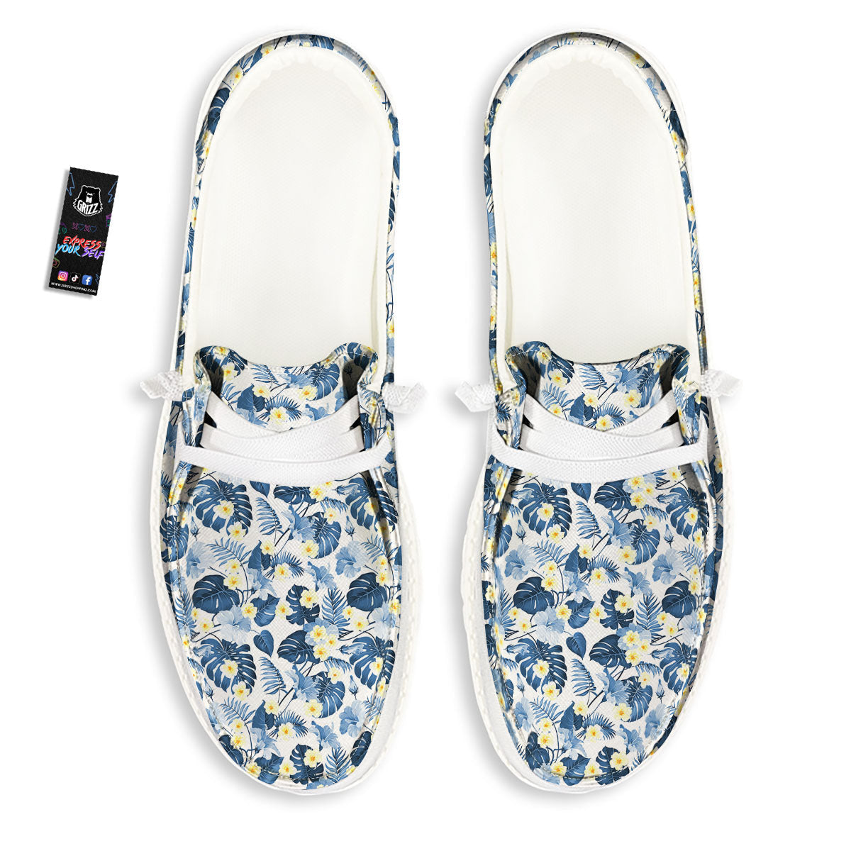 Wildflowers Blue Hawaiian Print Pattern White Loafers-grizzshop