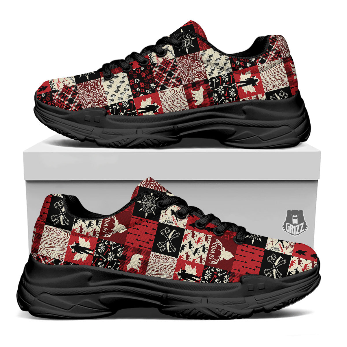 Wildlife Red Plaid Print Pattern Black Chunky Shoes-grizzshop