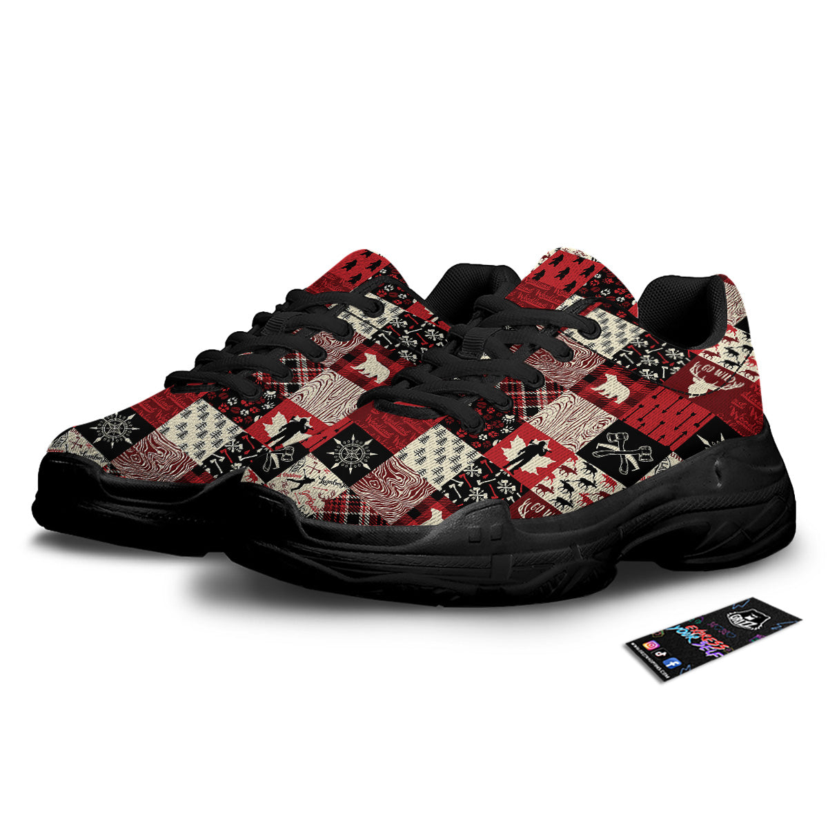 Wildlife Red Plaid Print Pattern Black Chunky Shoes-grizzshop