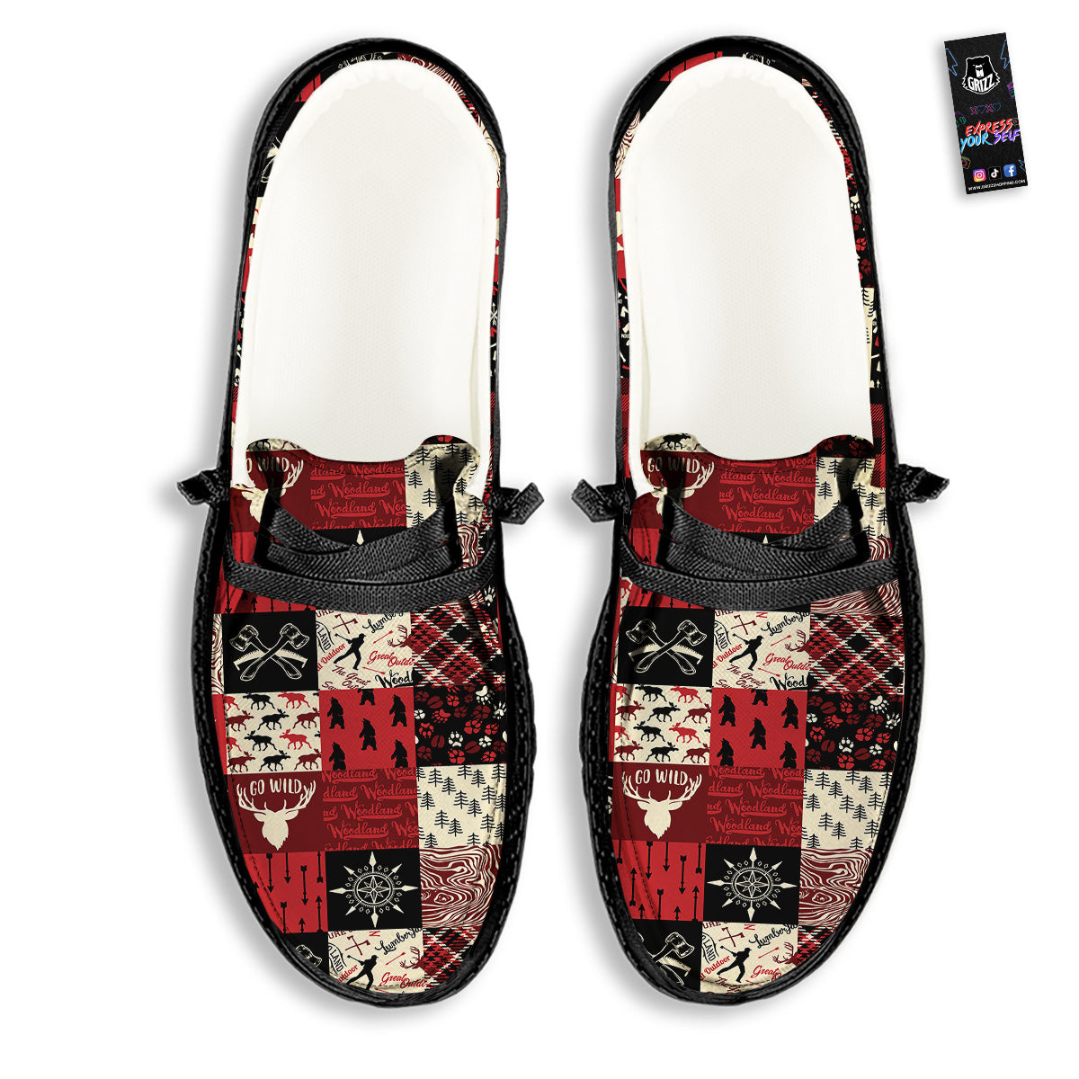 Wildlife Red Plaid Print Pattern Black Loafers-grizzshop