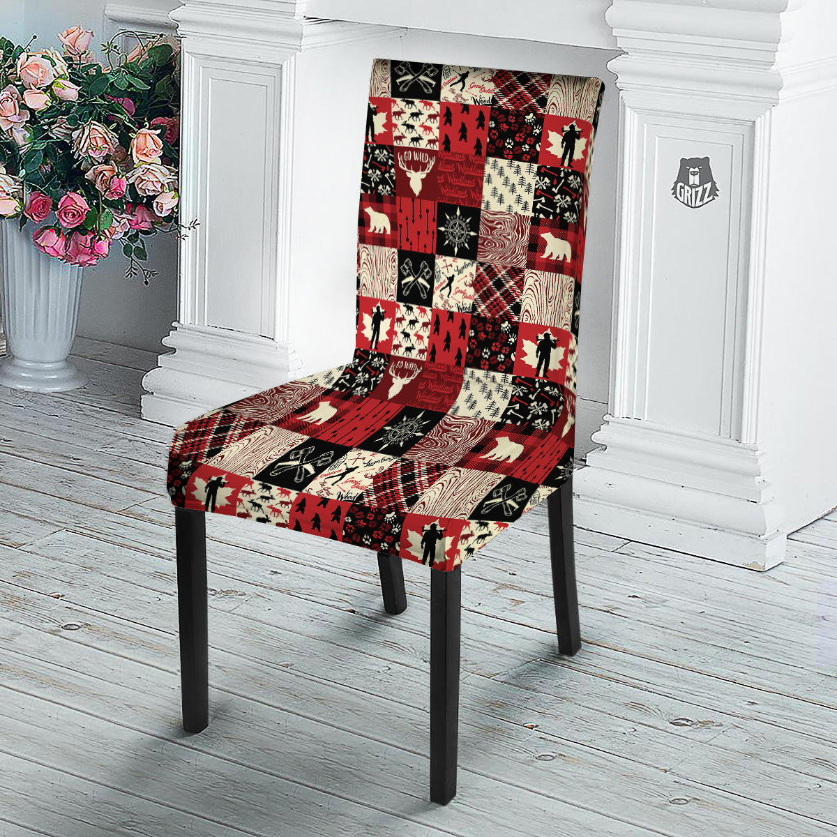 Wildlife Red Plaid Print Pattern Dining Chair Slipcover-grizzshop